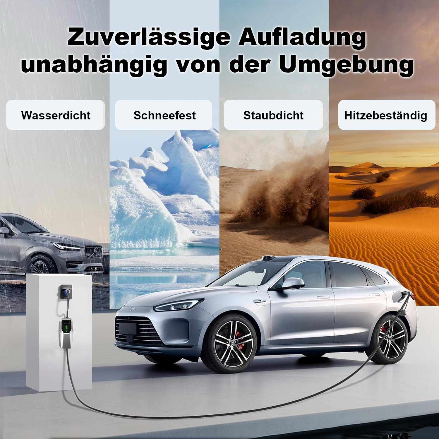 Silbernes Elektroauto lädt in verschiedenen Umgebungen: Regen, Schnee, Sand und Wüste.