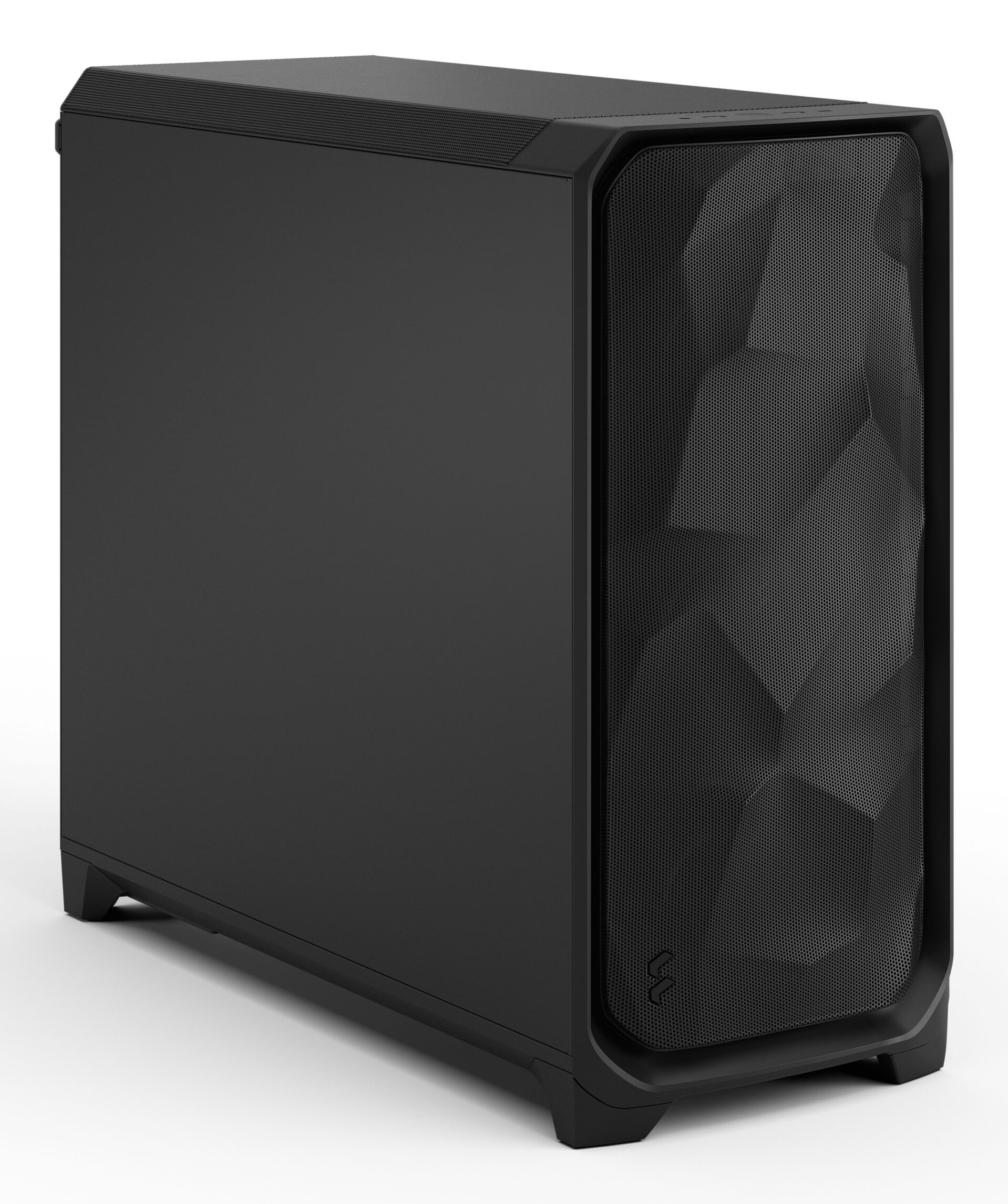Black computer tower with a vented front panel and angled feet.