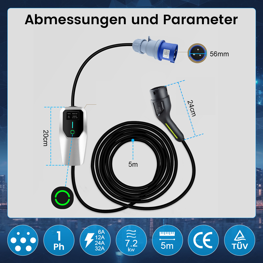 Ladegerät mit Kabel, Stecker und Maßen: 20cm, 24cm, 56mm, 5m.