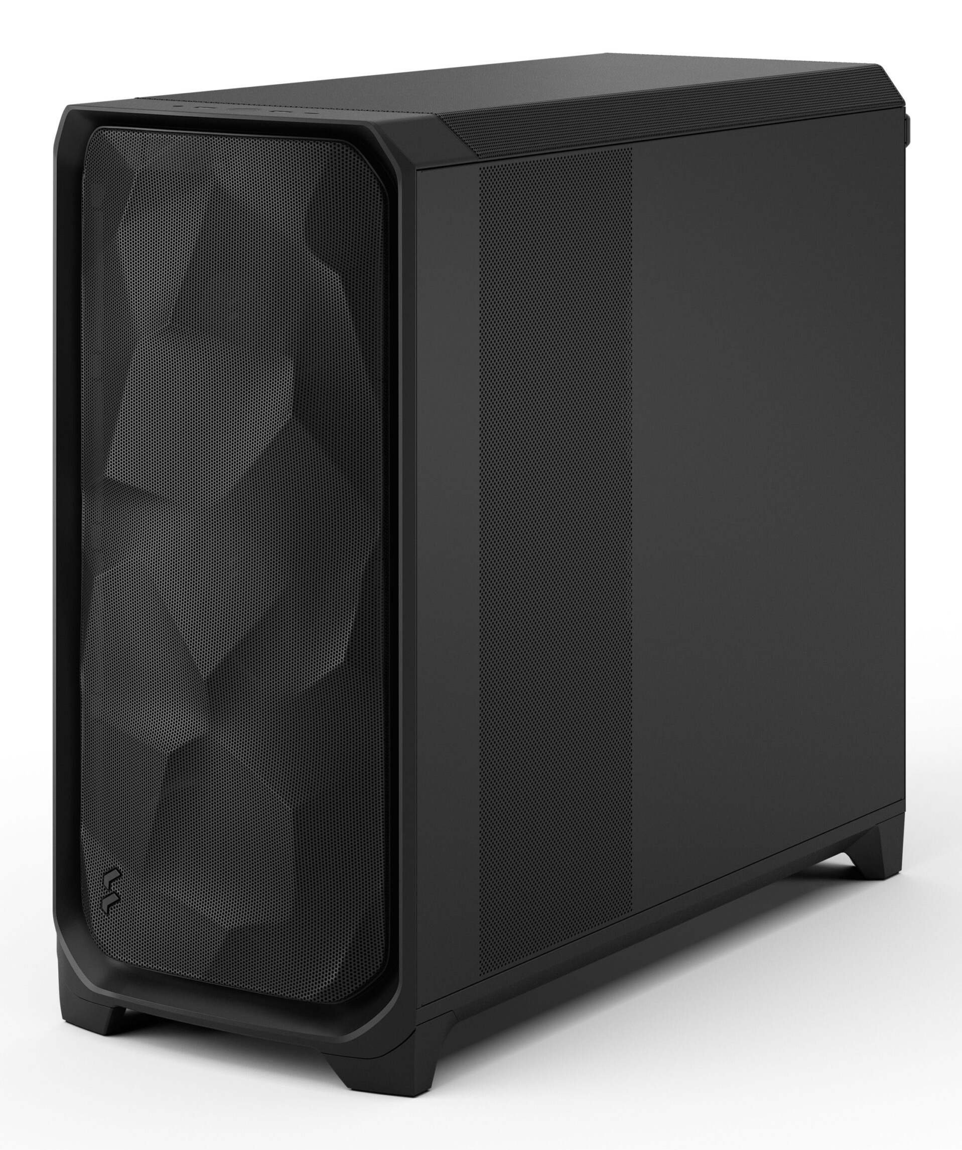 A black computer case with a faceted geometric front panel.