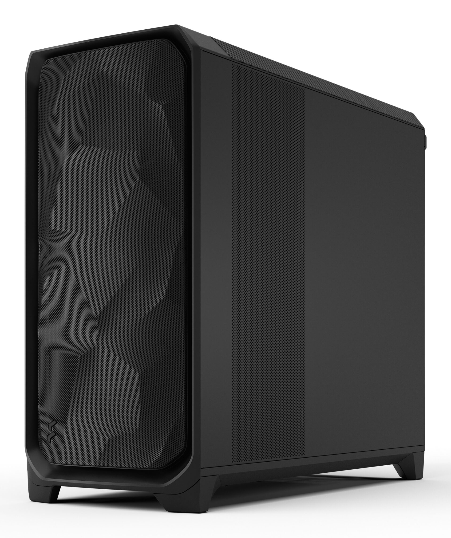 Black PC case with a vented front panel and sharp edges.