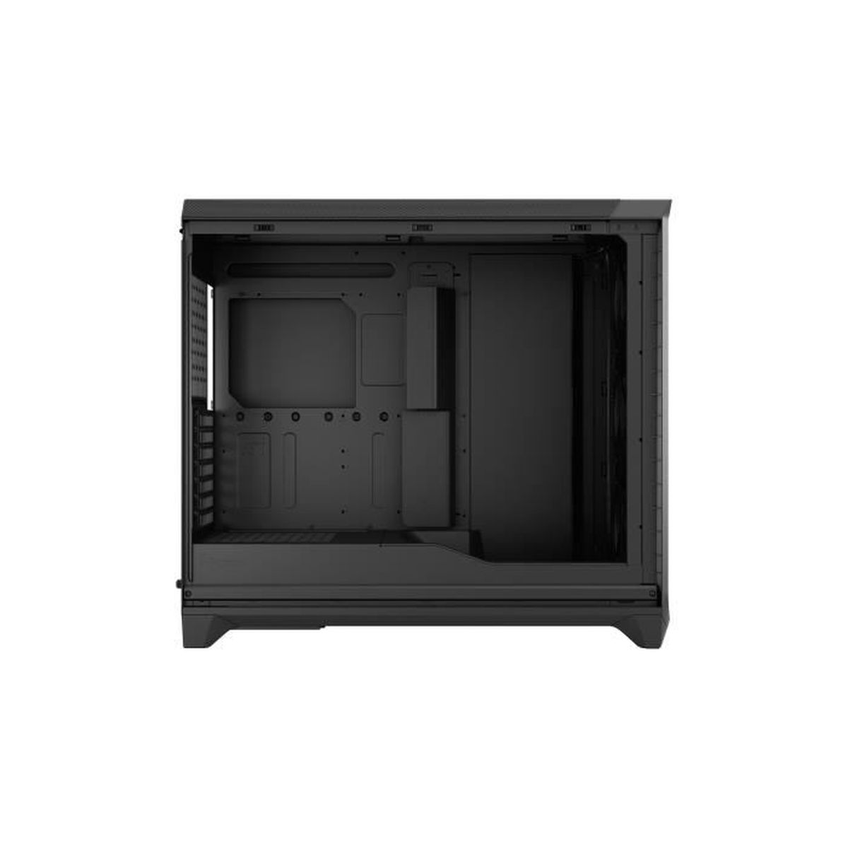 A black computer case with its side panel open, revealing the interior.