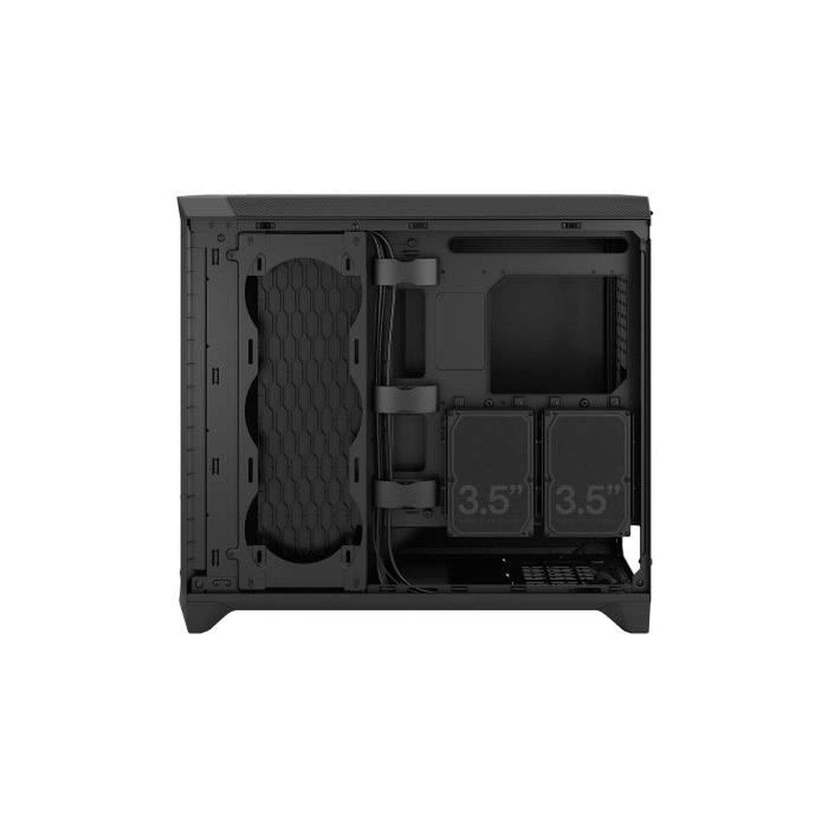 Black computer case with two 3.5-inch drive bays and fan mount.