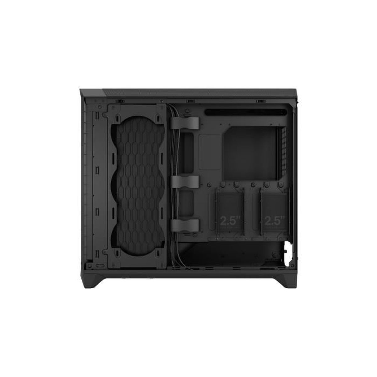 Black computer case with open side panel showing drive bays labeled 2.5".
