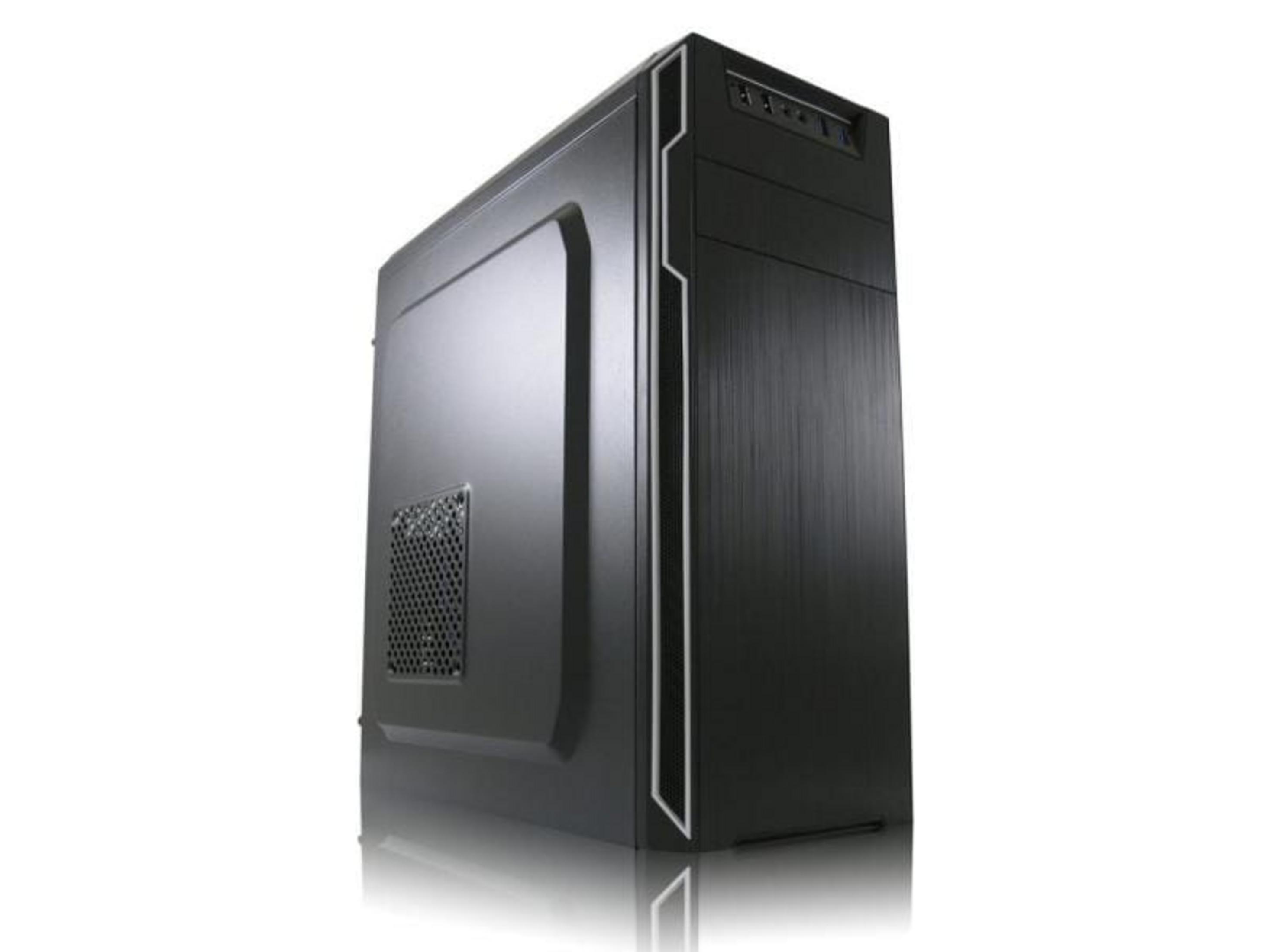 Schwarzes Computergehäuse mit Belüftungsgitter und silbernen Akzenten.