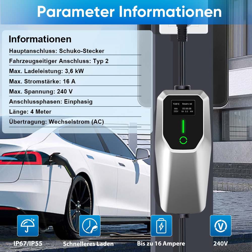 Elektroauto wird mit einem Ladegerät verbunden. Technische Daten werden angezeigt.