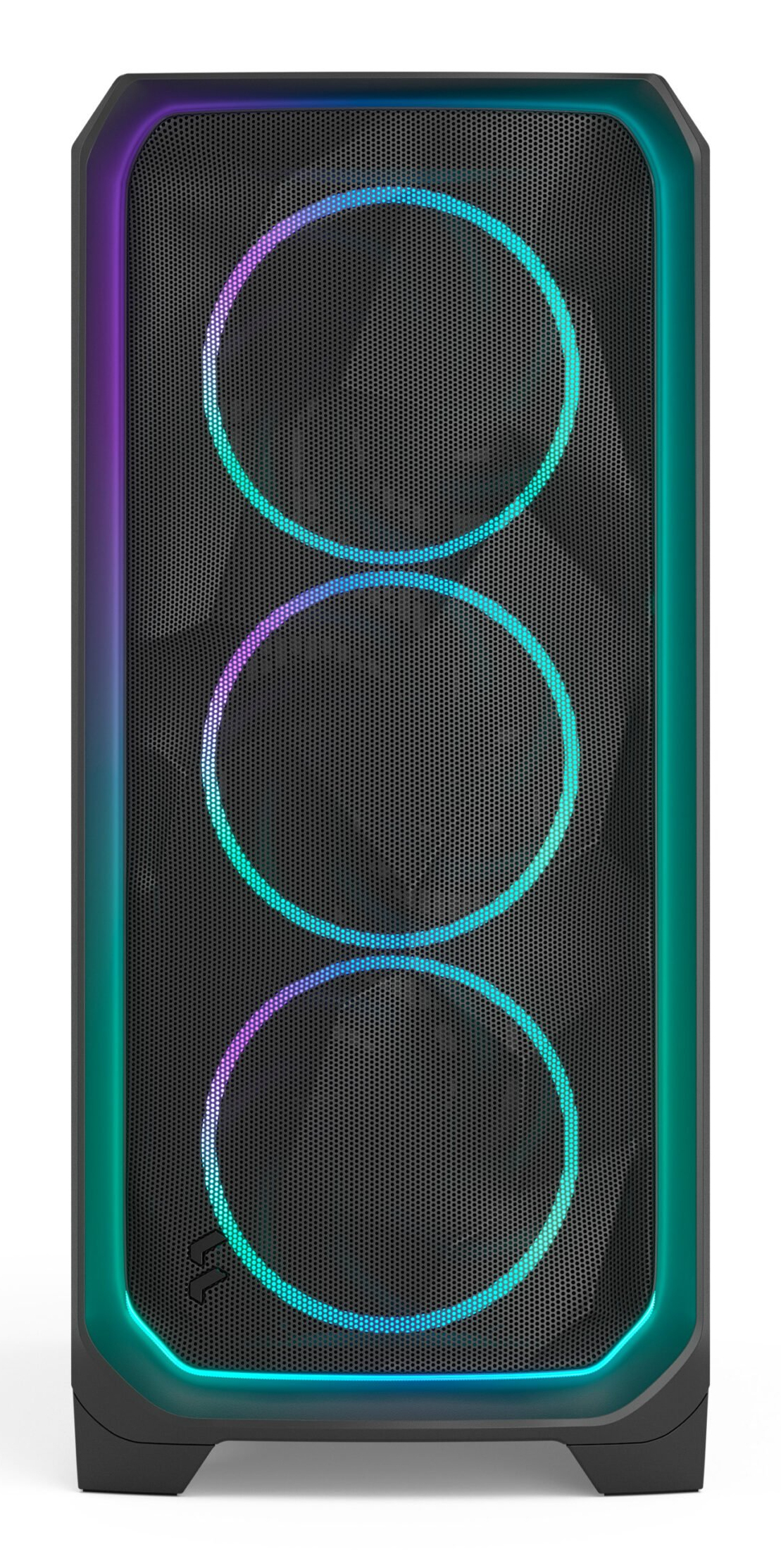 Ein schwarzer Computerturm mit drei beleuchteten Ringen und RGB-Beleuchtung an den Seiten.