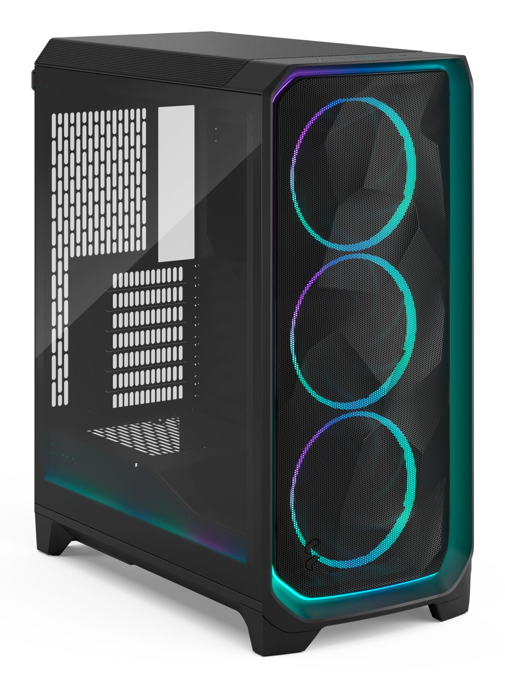 Schwarzes PC-Gehäuse mit Glasfenster und RGB-Lüftern.