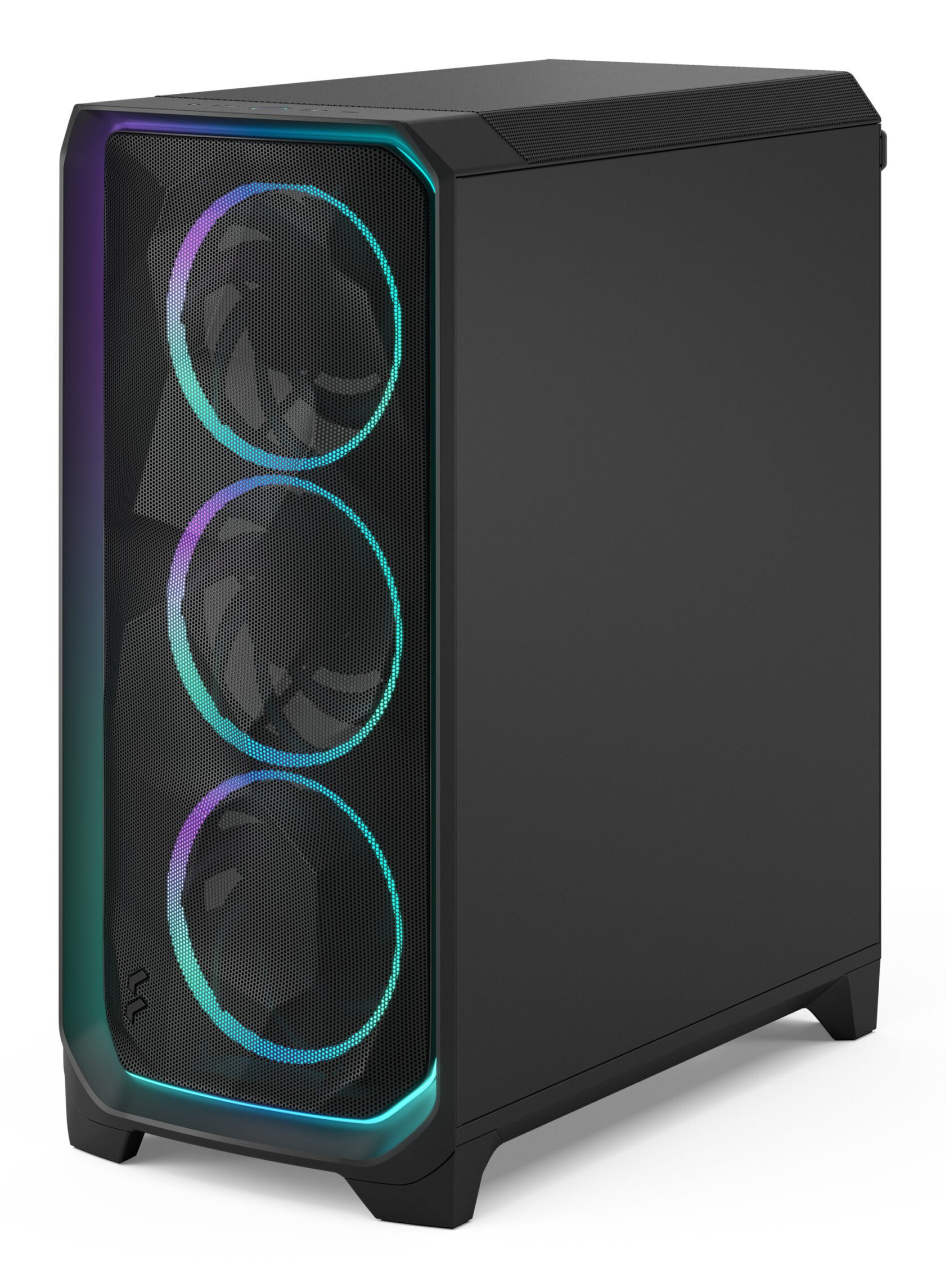 Schwarzer PC-Gehäuse mit drei beleuchteten Lüftern und RGB-Beleuchtung.