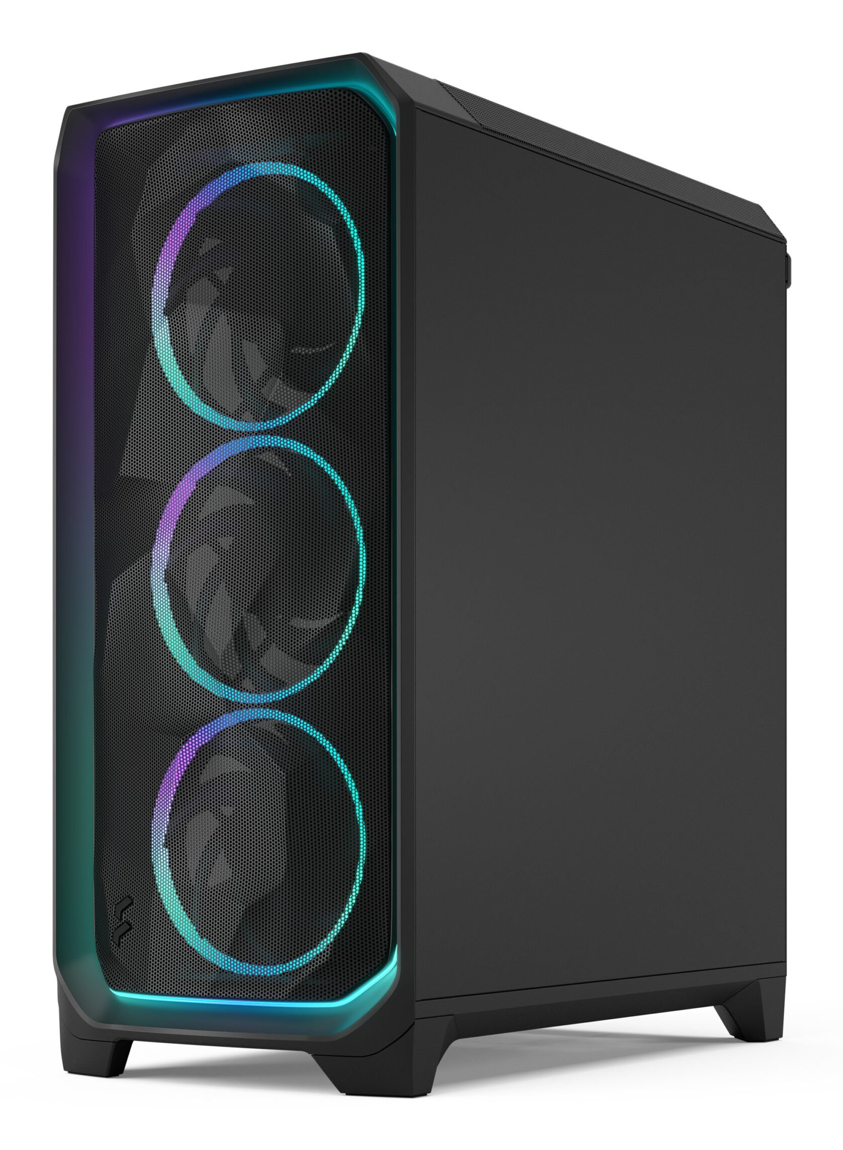 Ein schwarzes Computergehäuse mit drei beleuchteten Lüftern vorne.