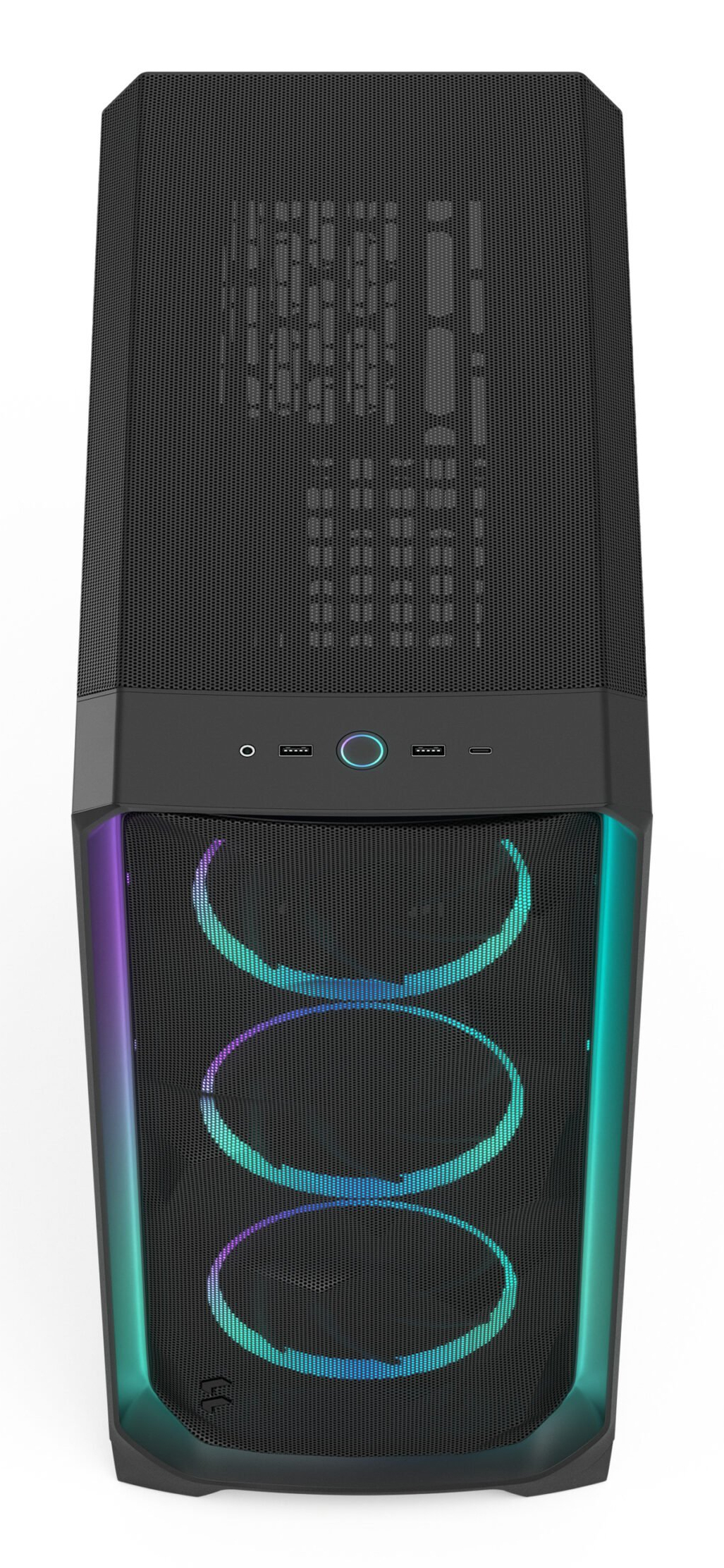 Schwarzer PC-Turm mit RGB-Lüftern, USB-Anschlüssen und Netzschalter.
