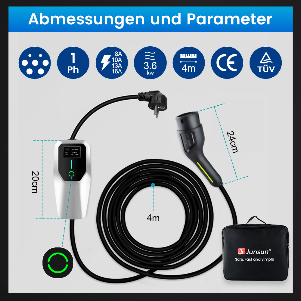 Ein weißes Ladegerät mit schwarzem Kabel und Stecker, 4m lang.