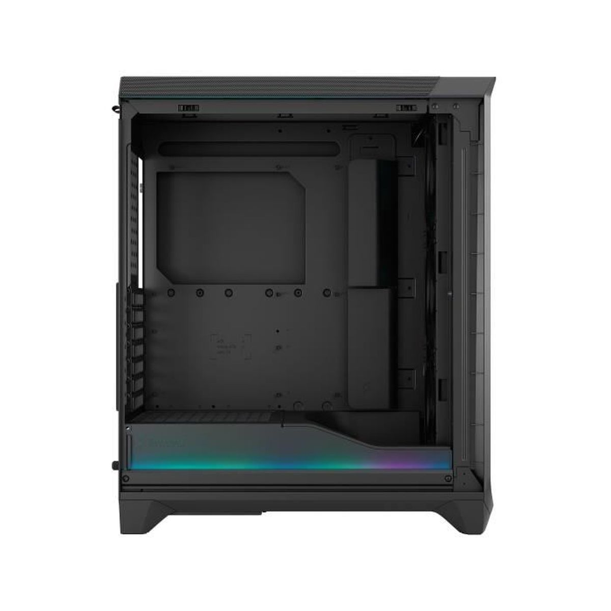 Ein schwarzes Computergehäuse mit RGB-Beleuchtung an der Unterseite.