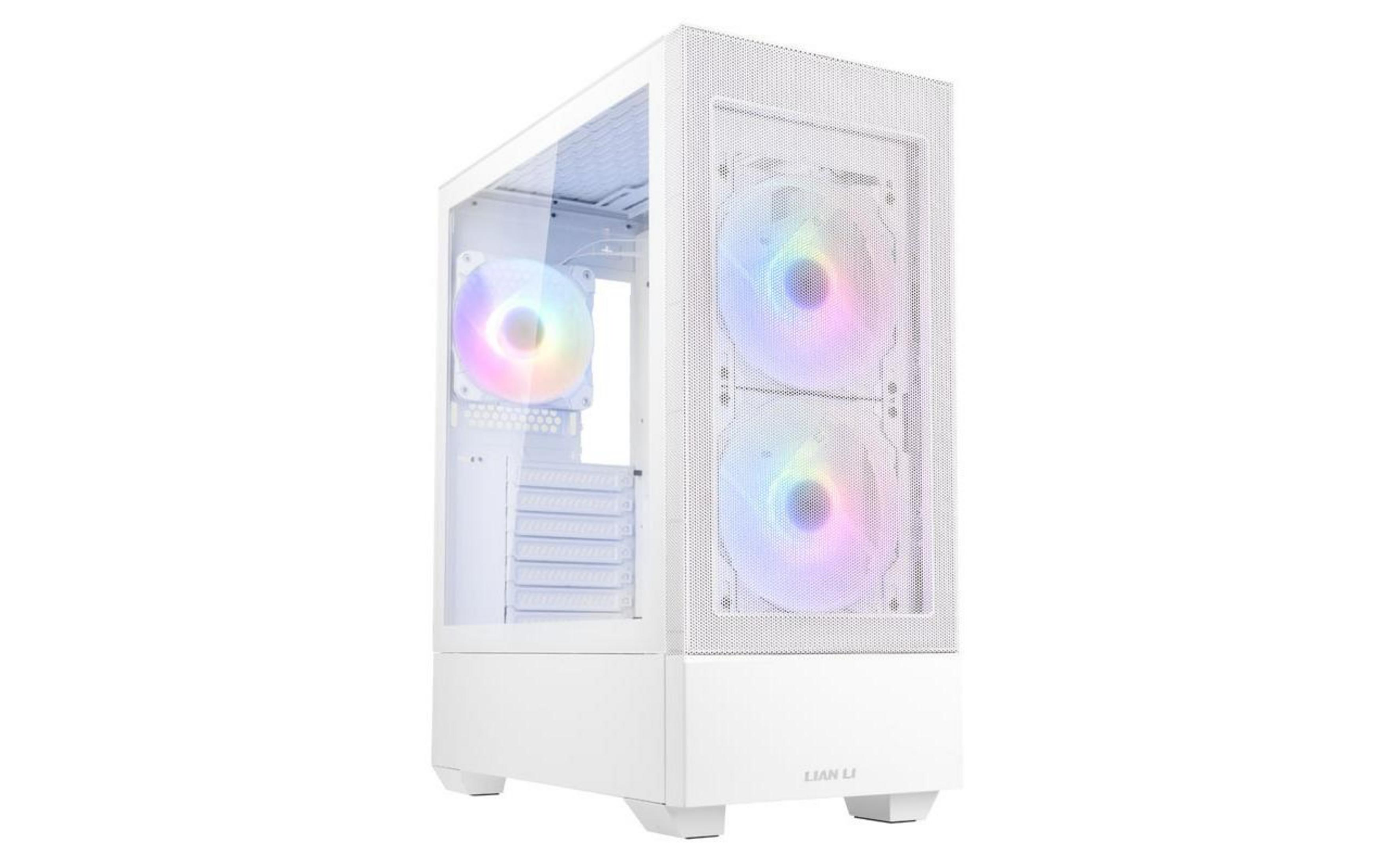 Biała obudowa komputera z wentylatorami RGB, szklanym panelem bocznym i siatkowym frontem.