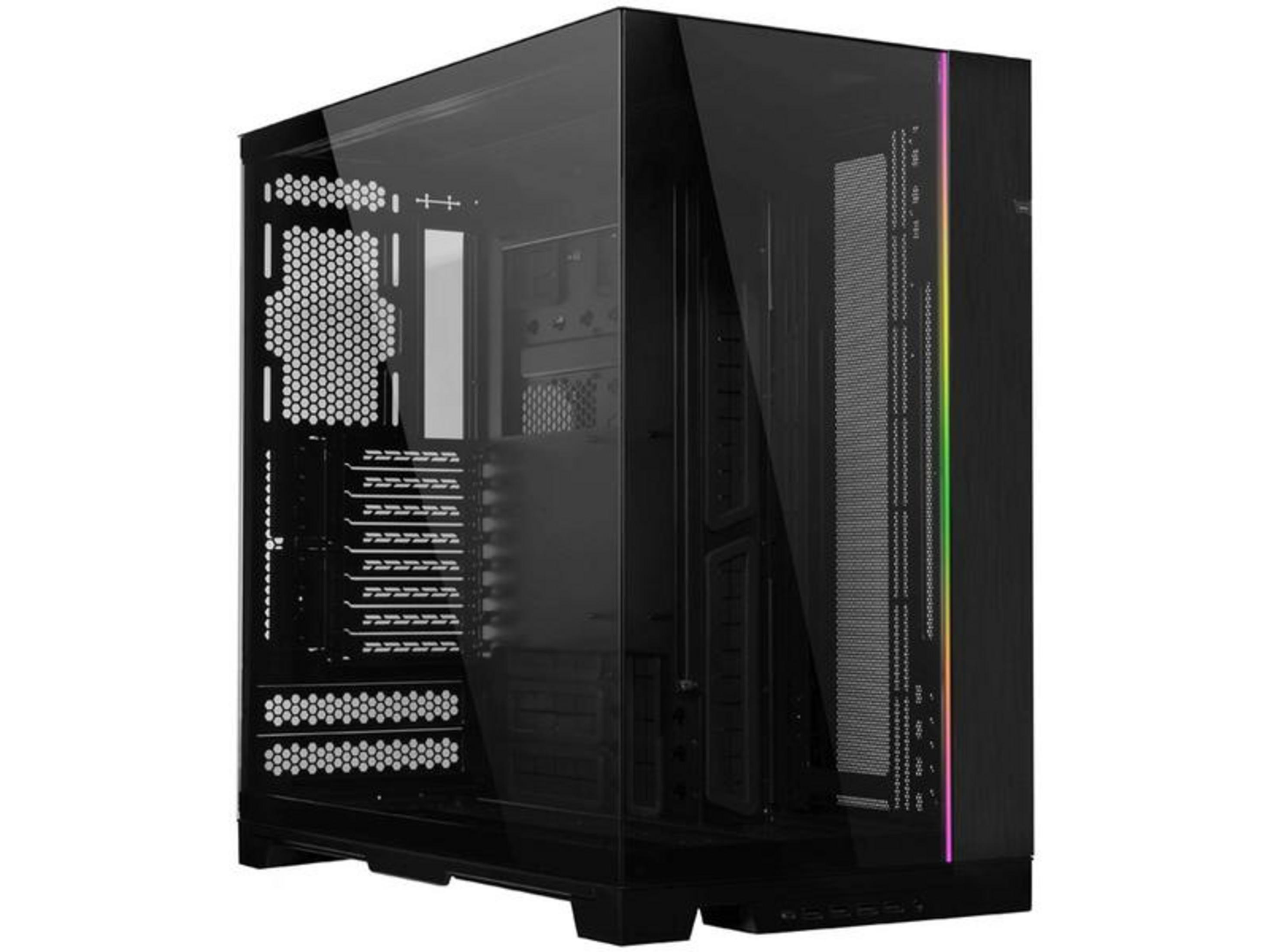 Case per computer nero con frontale in vetro e illuminazione RGB.