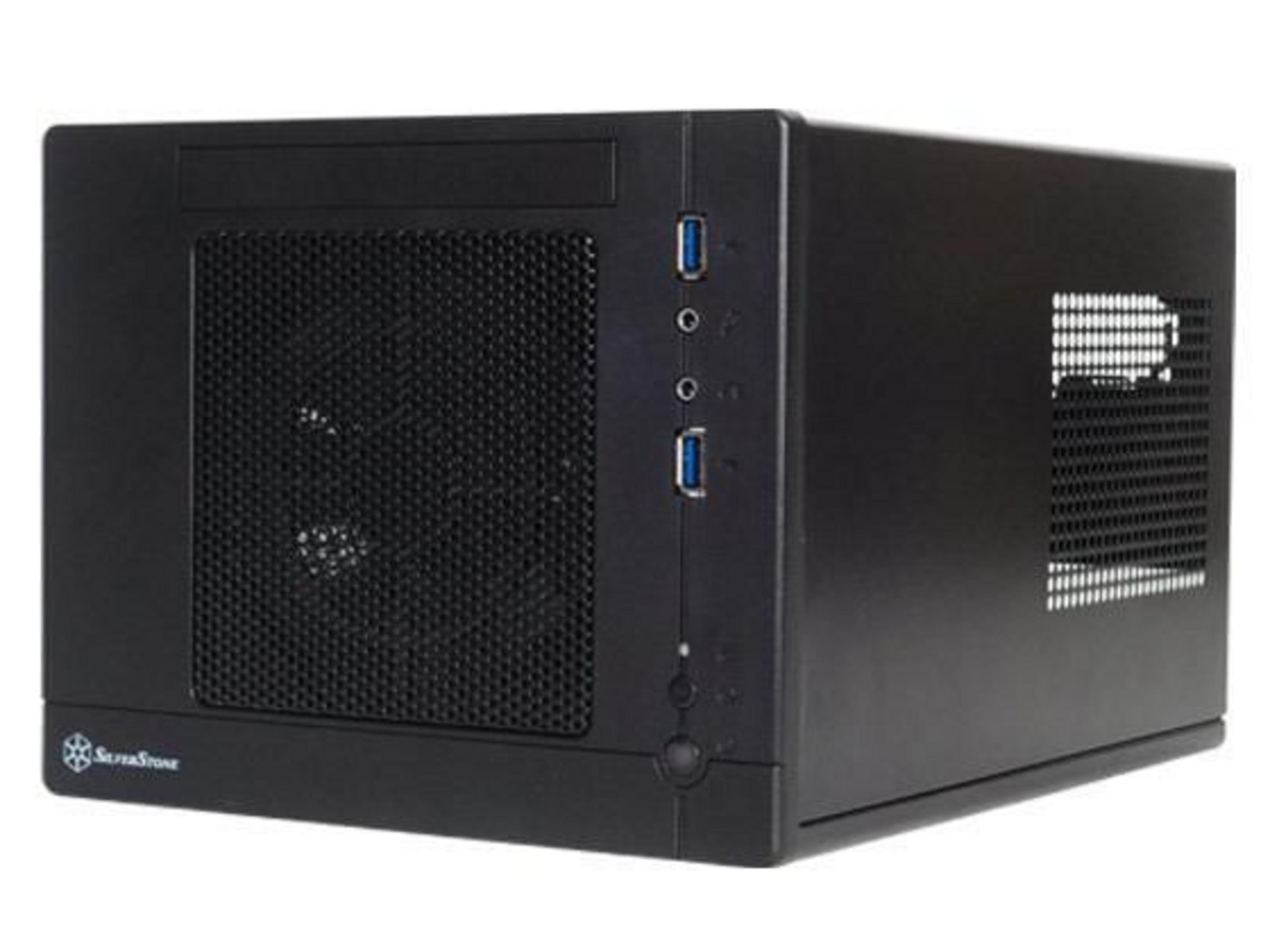 Case del computer nero con griglia frontale in rete e porte USB.