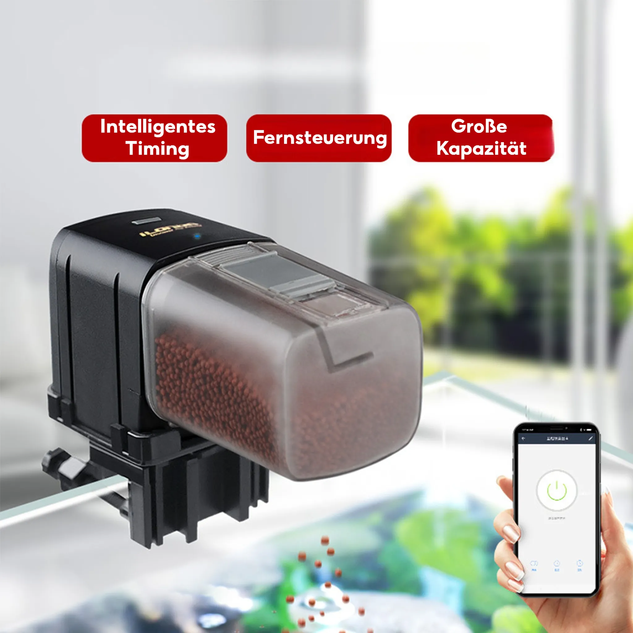 Ein automatischer Fischfutterspender mit Fernsteuerung und App-Anzeige.