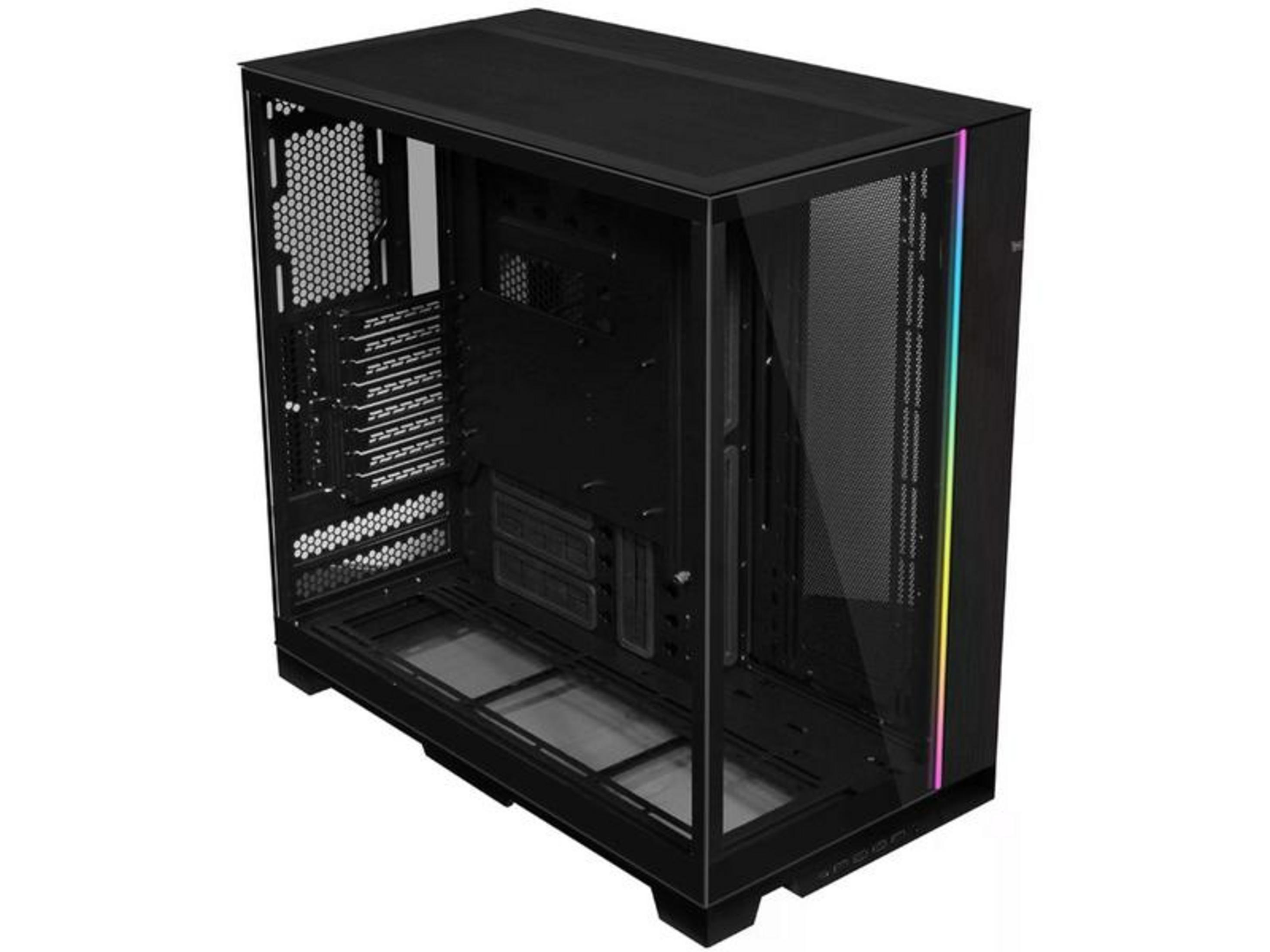 Case per computer nero con frontale in vetro e illuminazione RGB laterale.