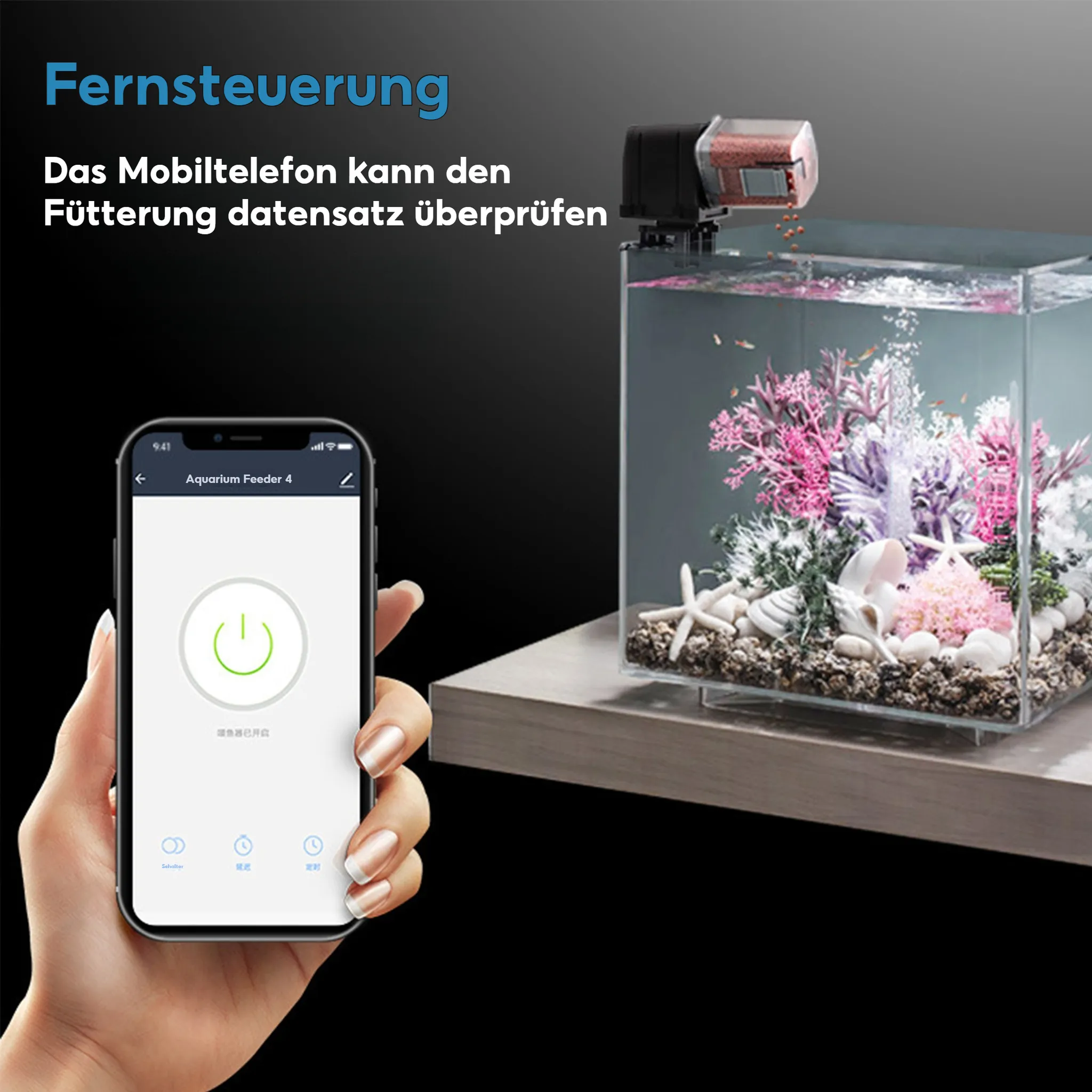 Ein Smartphone steuert einen automatischen Fischfutterspender über einem Aquarium.