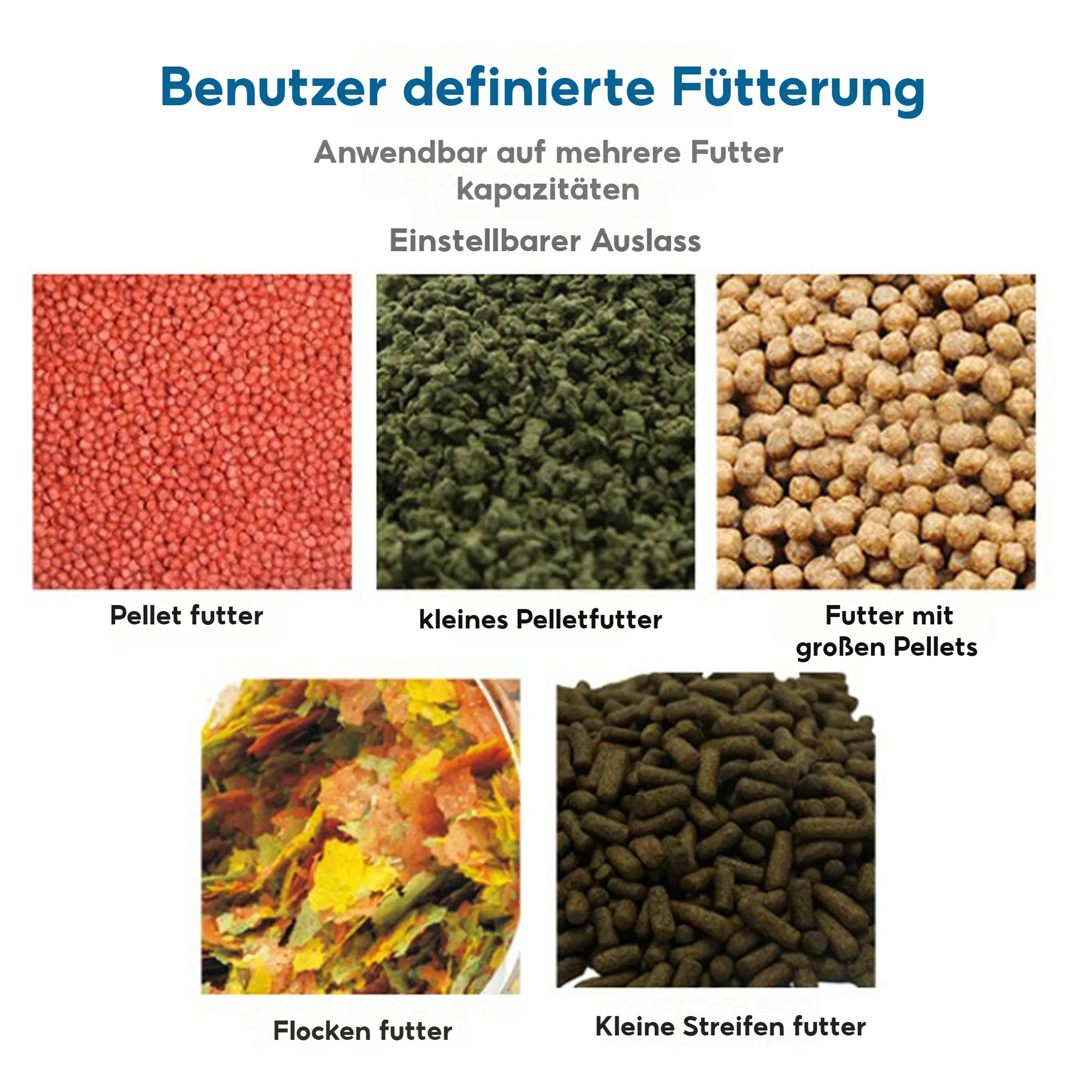 Fünf verschiedene Tierfutterarten: rote, grüne, beige Pellets, Flocken und Streifen.