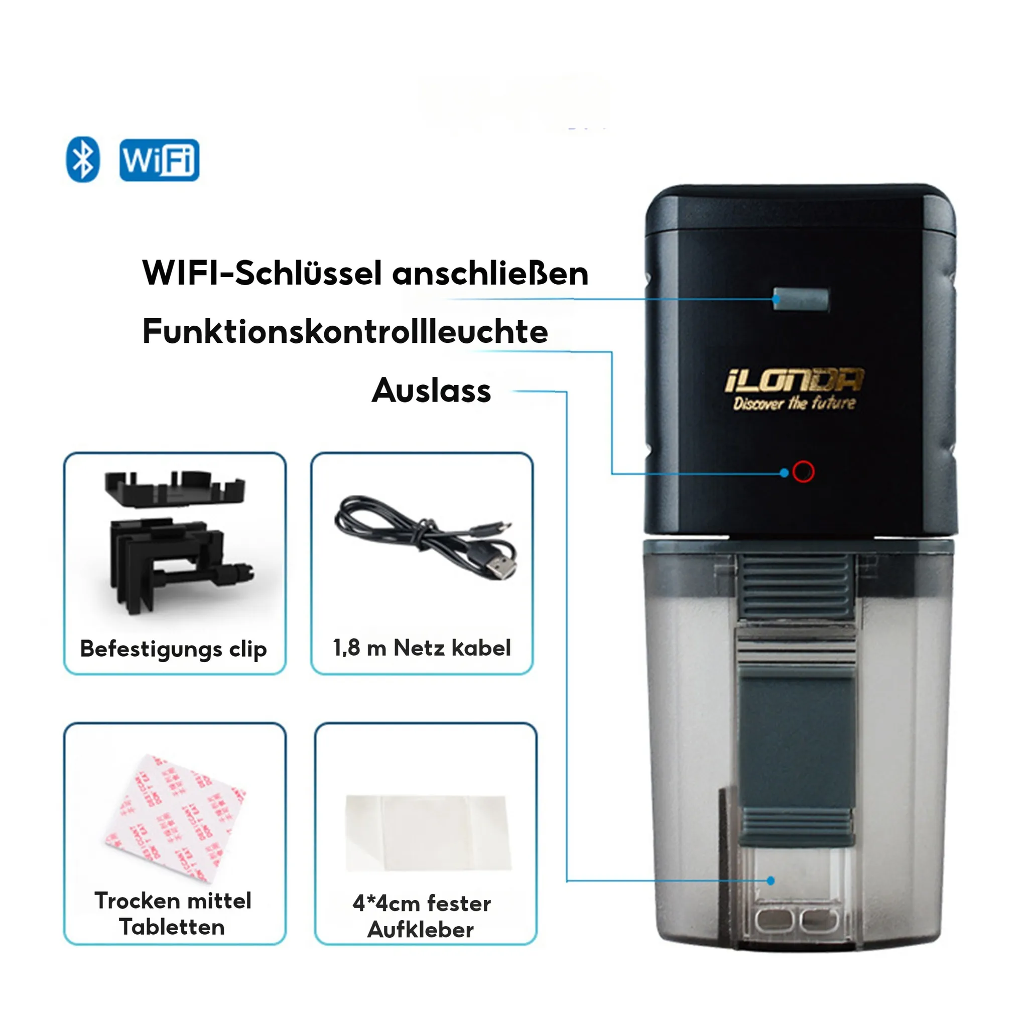 Ein schwarzes Gerät mit WiFi-Symbol, Zubehör und deutscher Beschriftung.