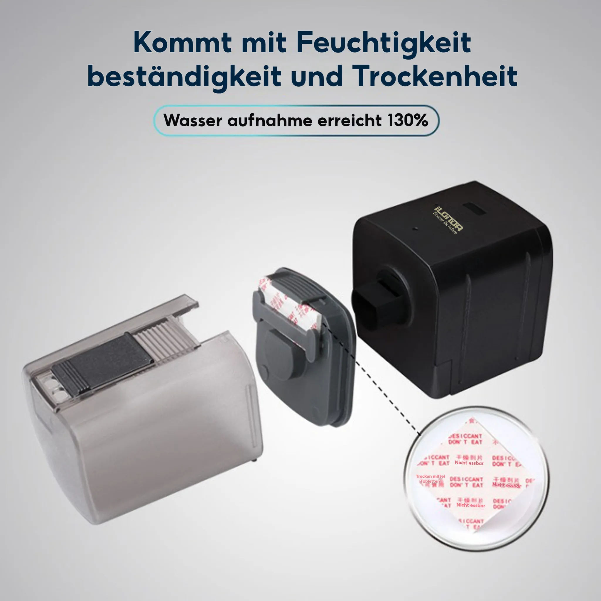 Ein schwarzes Gerät mit transparentem Behälter und Trockenmittel-Pads.