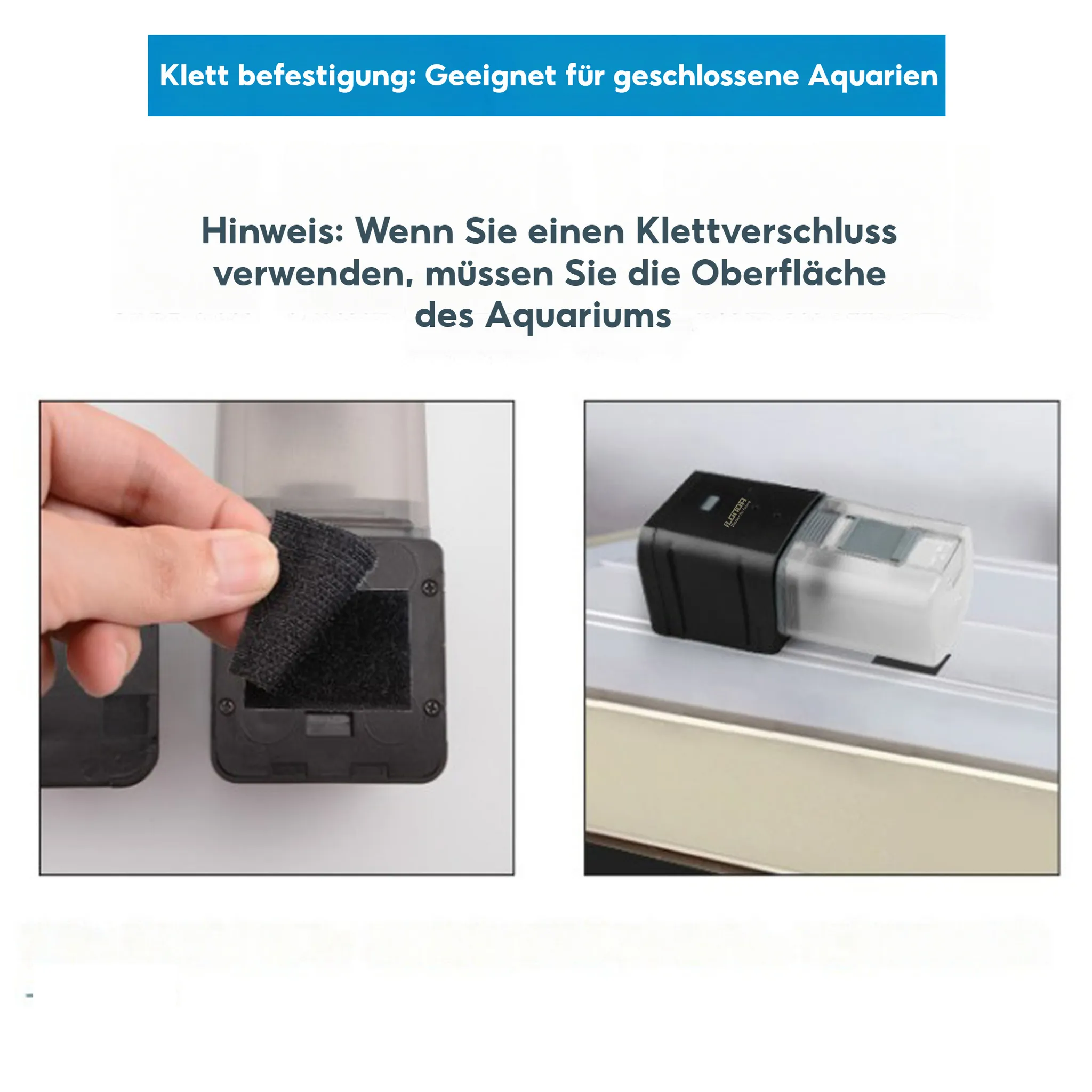 Hand bringt Klettverschluss an Gerät an. Schwarzer Futterautomat auf Aquariumrand.