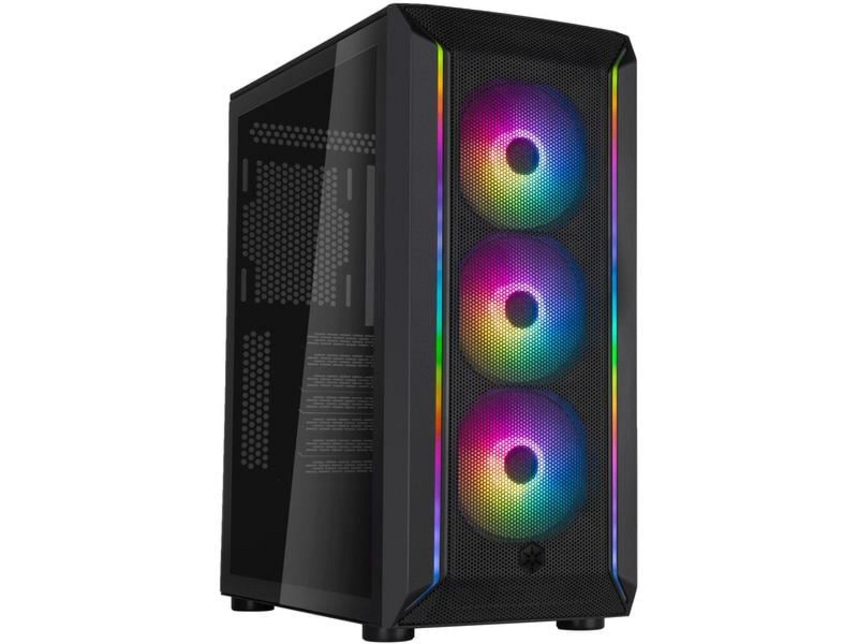 Case PC nero con frontale in vetro e tre ventole RGB illuminate.