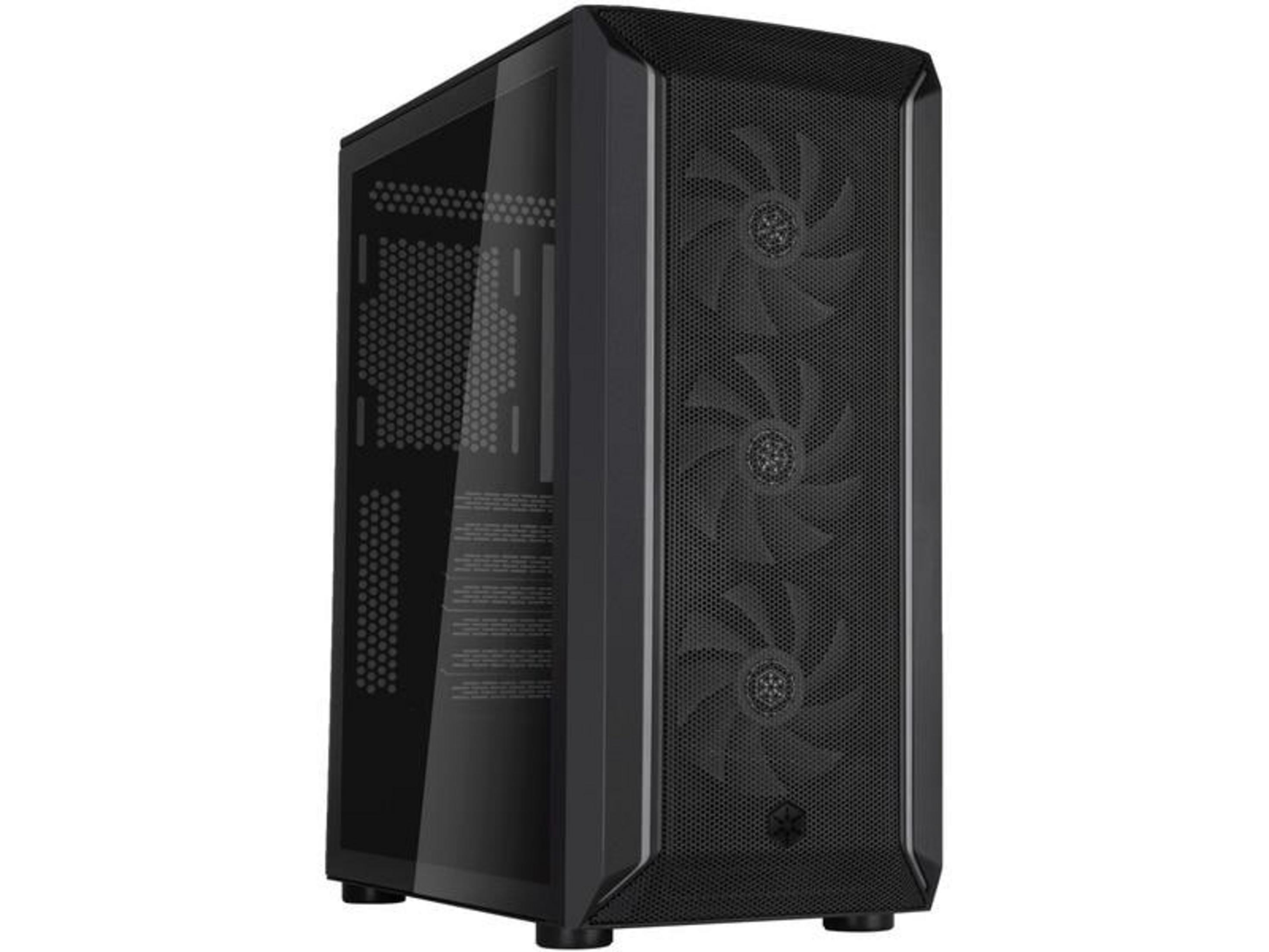 Case PC nero con pannello laterale in vetro e tre ventole frontali.