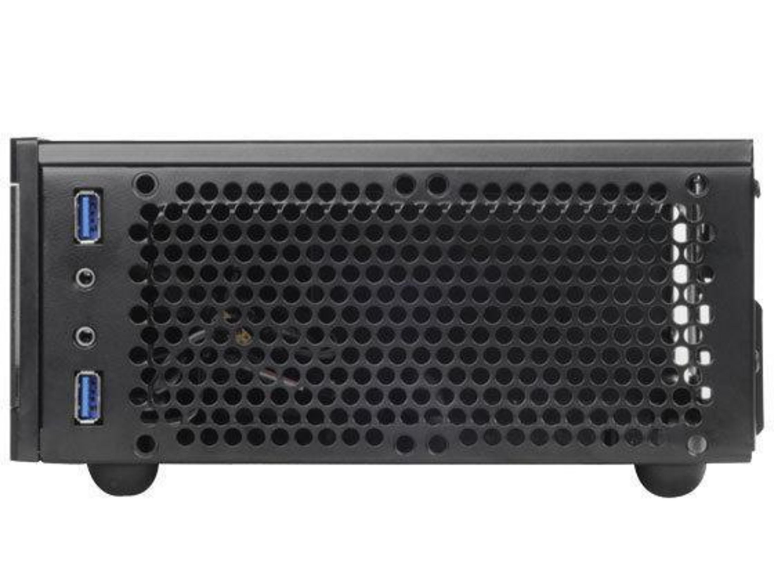 Boîtier d'ordinateur noir avec grille de ventilation et ports USB.