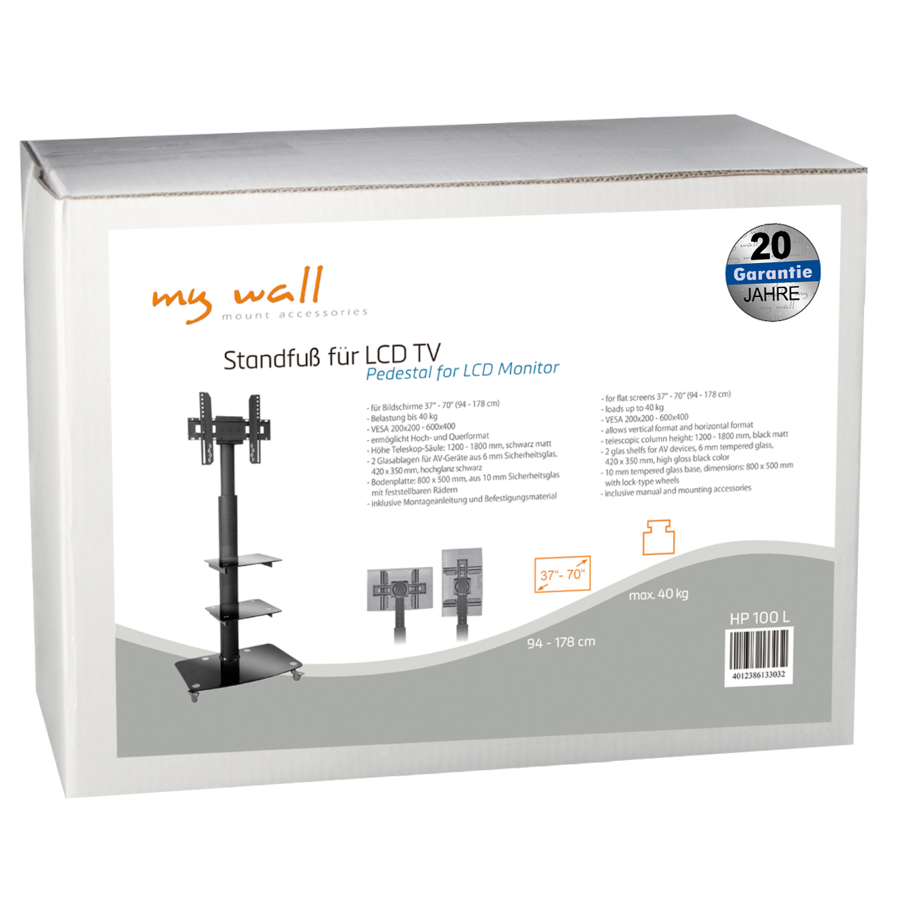 TV-Standfuß mit Ablagen für 37-70 Zoll Bildschirme, belastbar bis 40 kg.