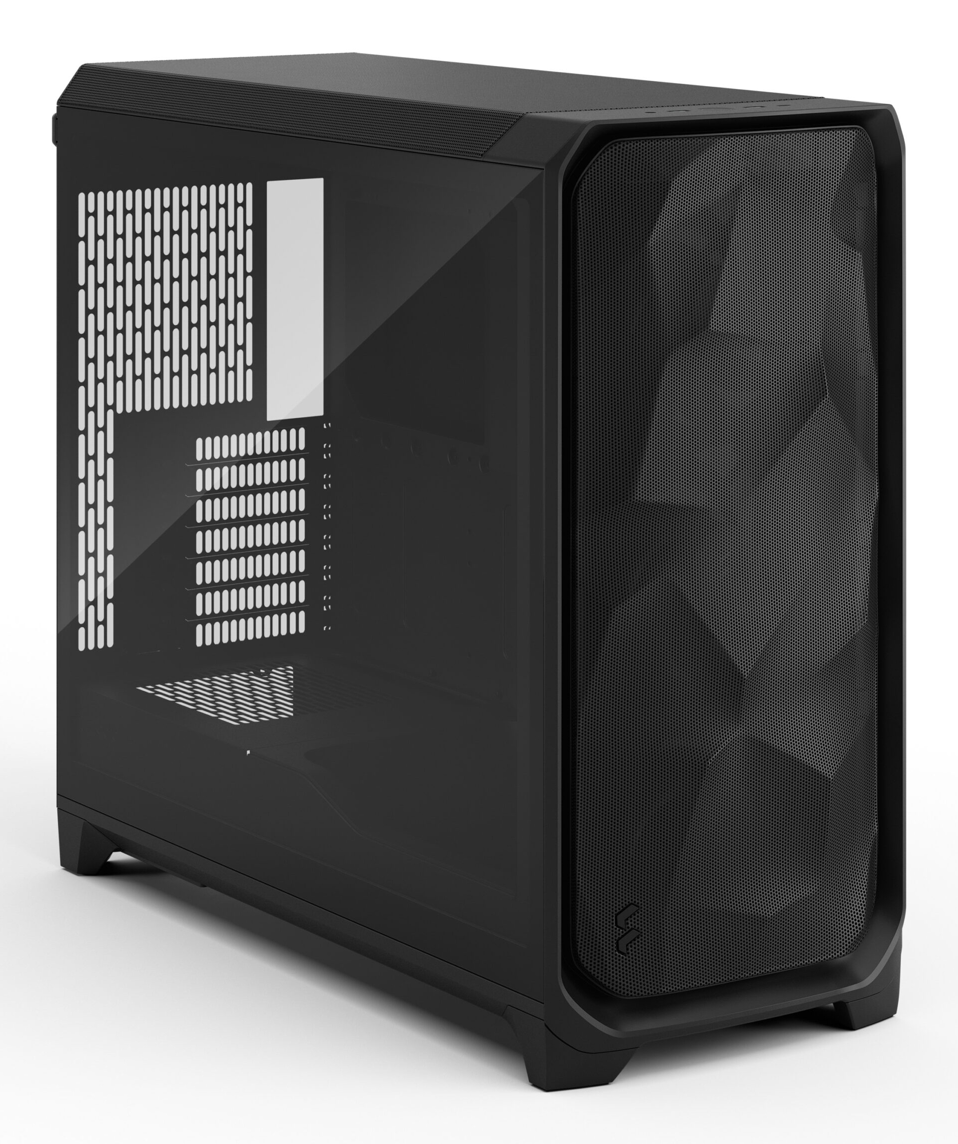 Un case per computer nero con pannello laterale in vetro e frontale perforato.