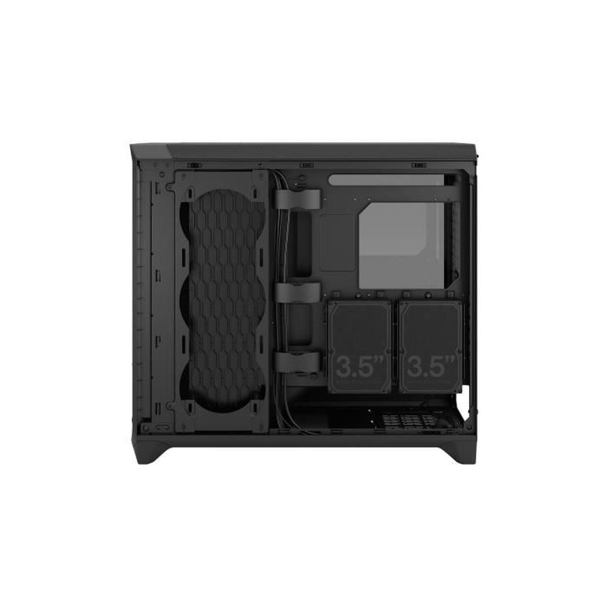 Case del computer nero con pannello laterale aperto, che mostra gestione cavi e alloggiamenti.