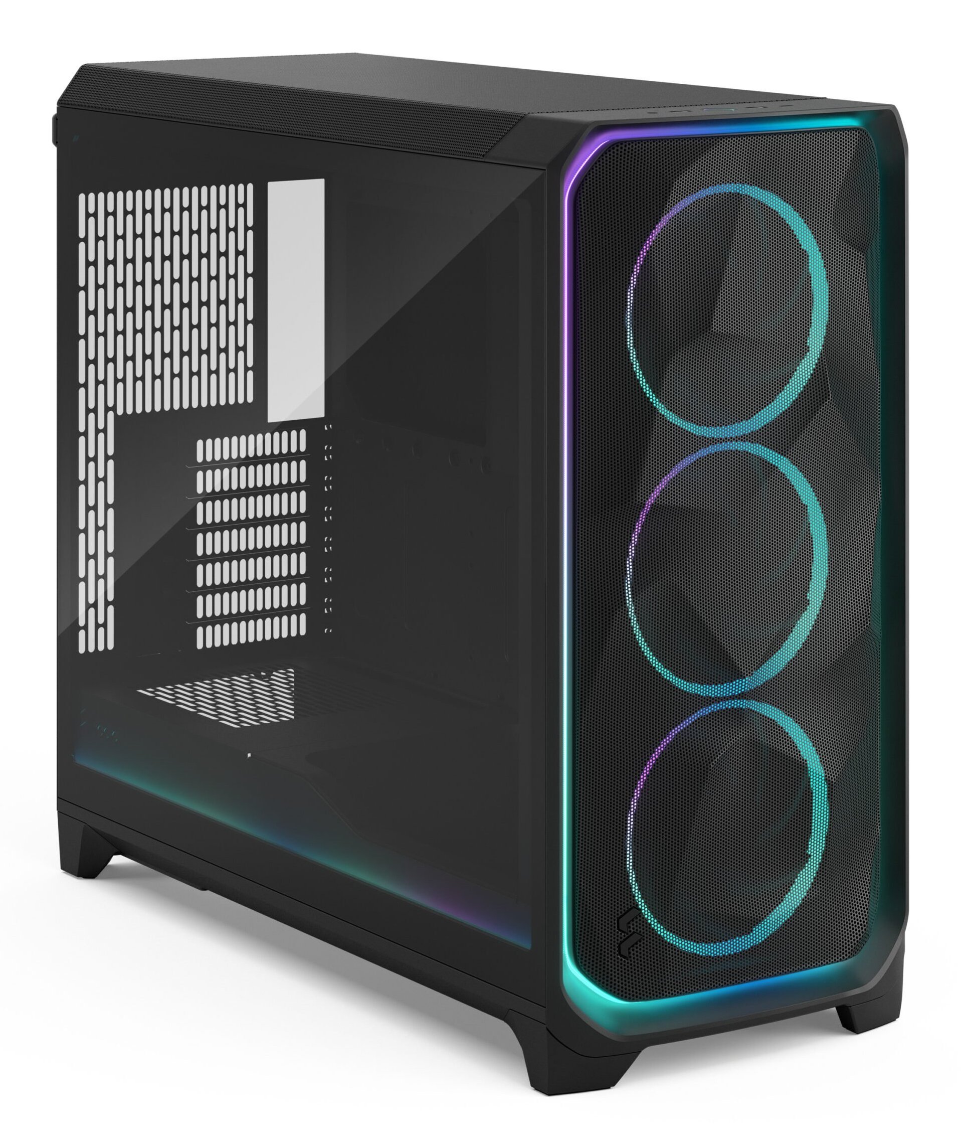 Schwarzes PC-Gehäuse mit Glasfenster und RGB-Beleuchtung vorne.