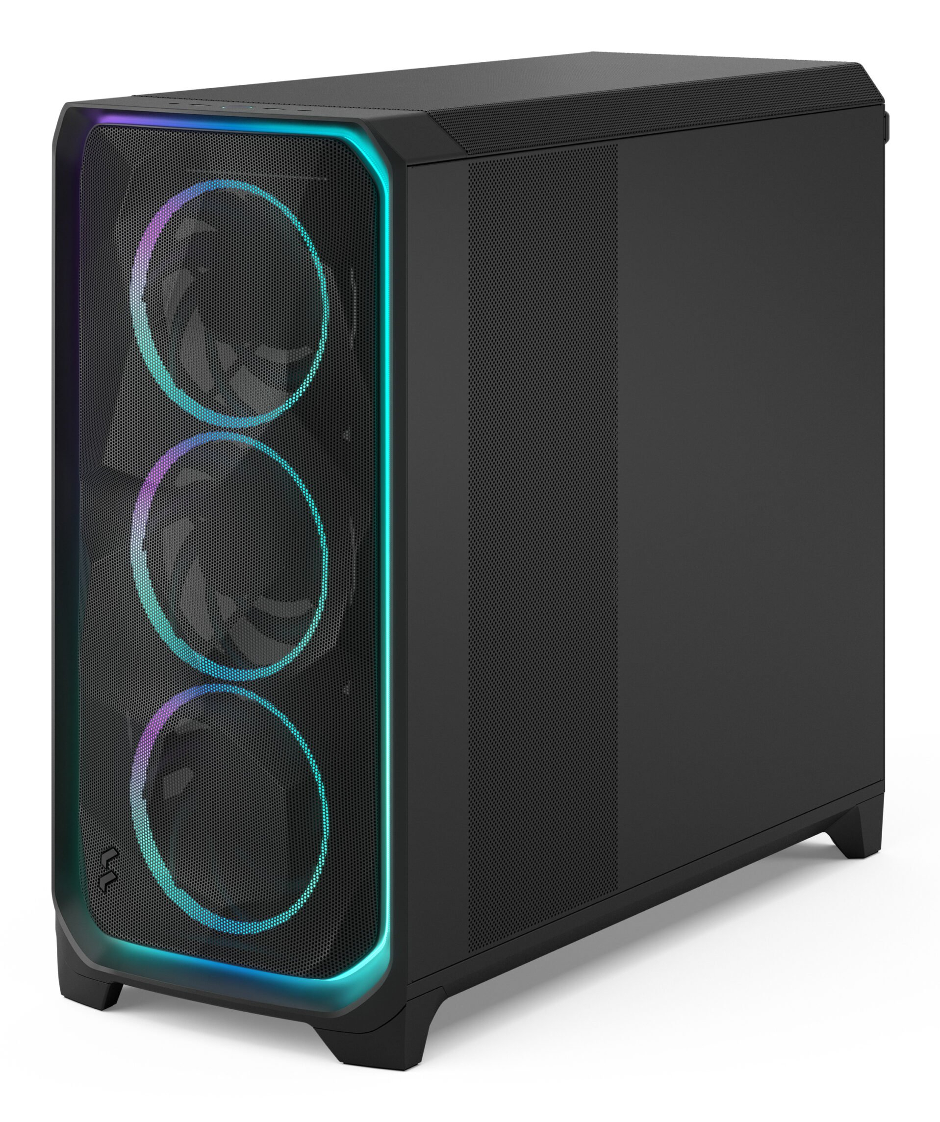 Schwarzes PC-Gehäuse mit drei beleuchteten Lüftern und RGB-Streifen.