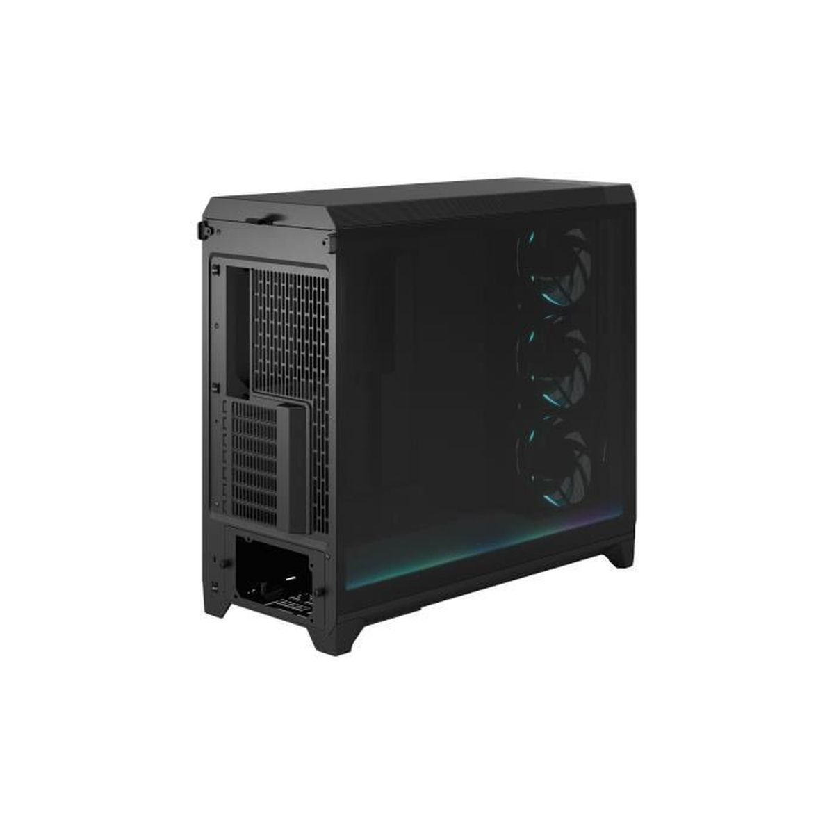 Schwarzes Computergehäuse mit beleuchteten Lüftern und Glasfront.
