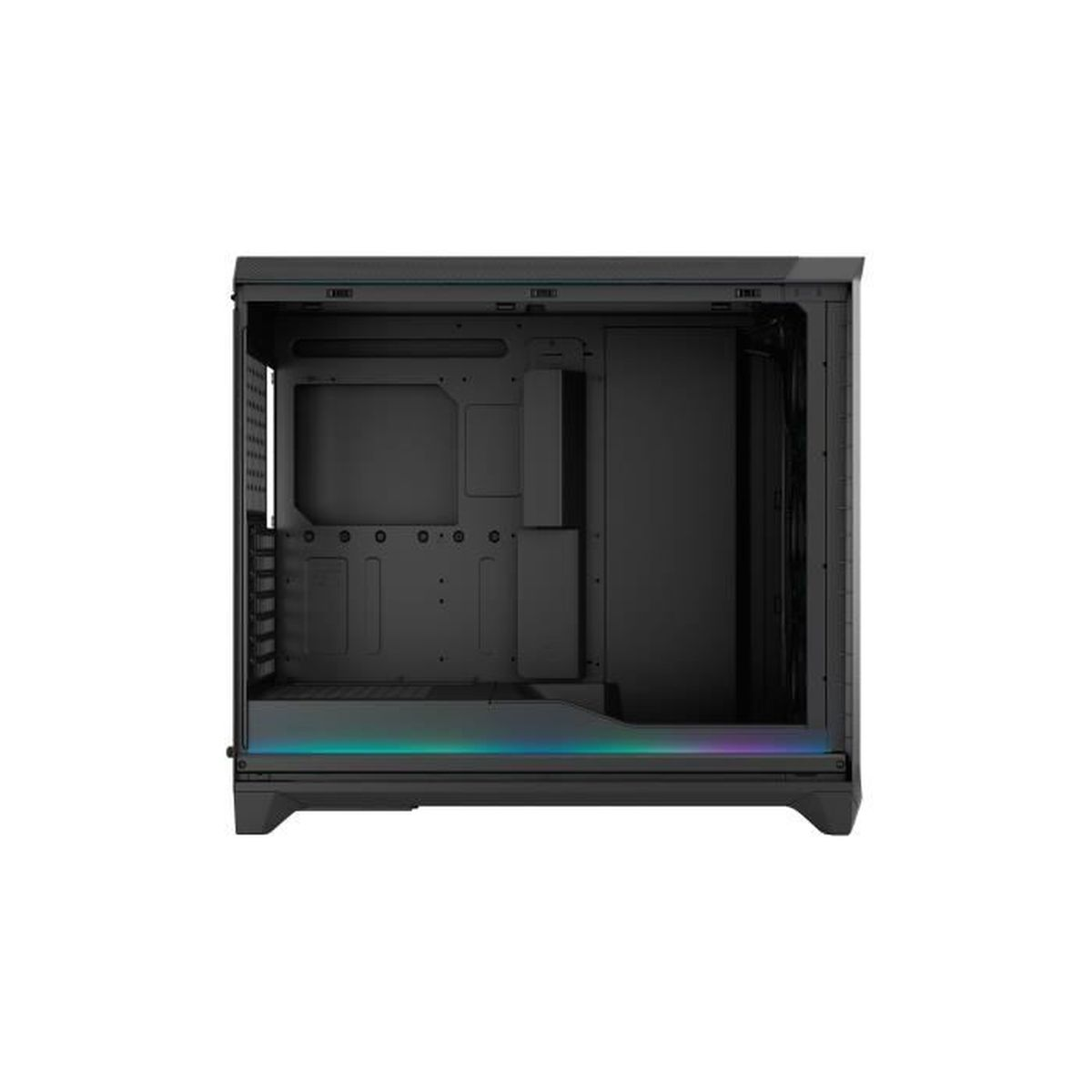 Ein schwarzes Computergehäuse mit RGB-Beleuchtung am Boden.
