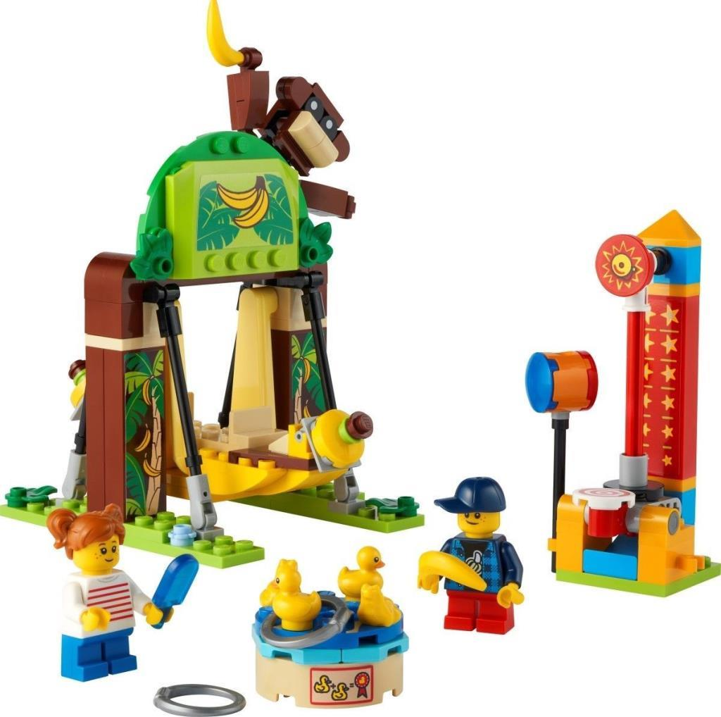 Lego-Spielzeug: Affenschaukel, Entenangeln und Hammer-Spiel mit Figuren.