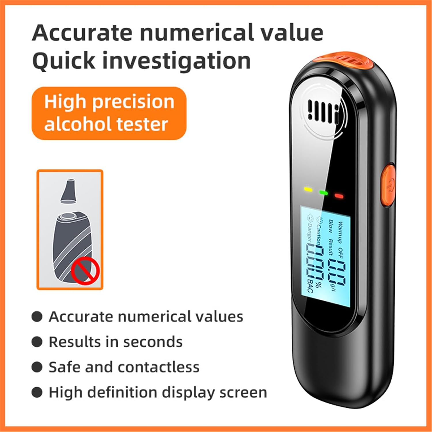 Ein schwarzer Alkoholtester mit orangefarbenen Akzenten und einem digitalen Display.