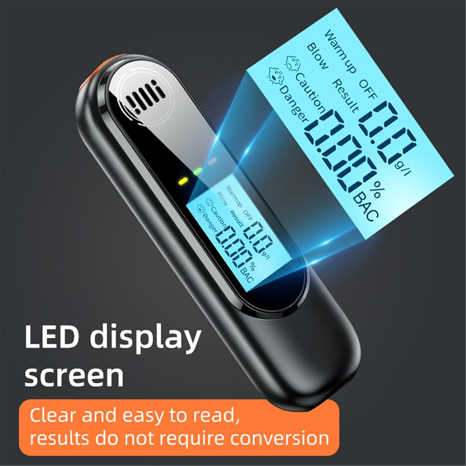 Schwarzer Alkoholtester mit blauem LED-Display, das 0.00 anzeigt.