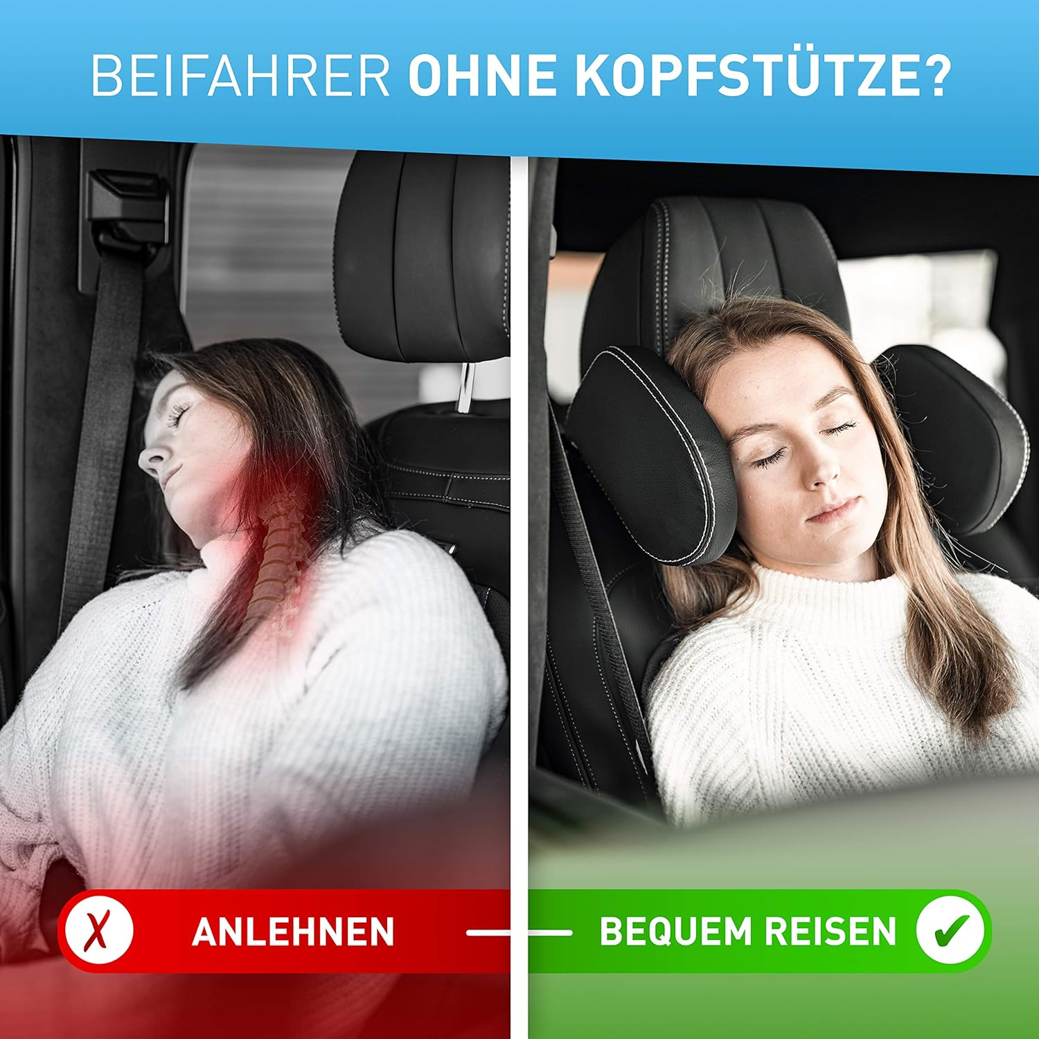 Frau im Auto mit Nackenschmerzen vs. Frau mit Kopfstütze, bequem.