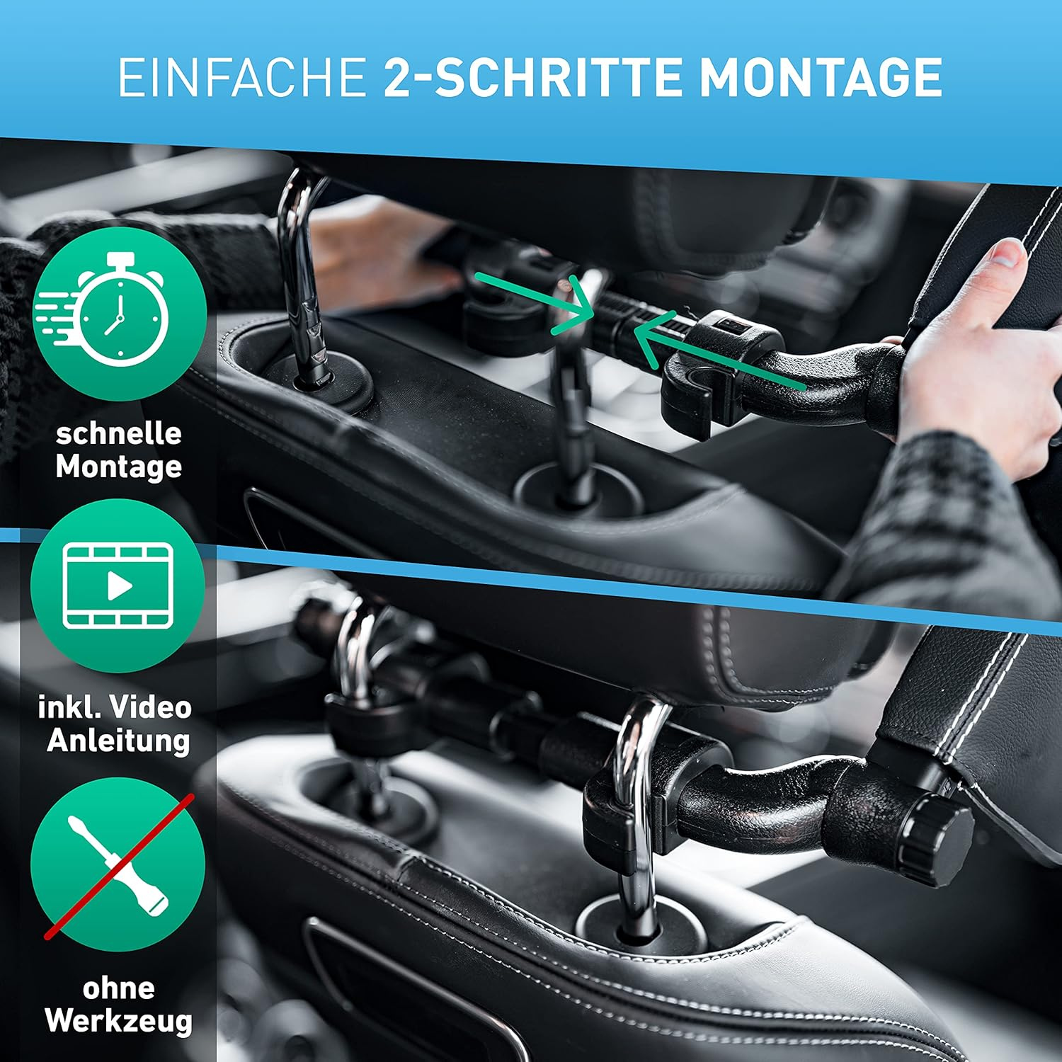 Einfache Montage im Auto, keine Werkzeuge nötig. Mit Videoanleitung.