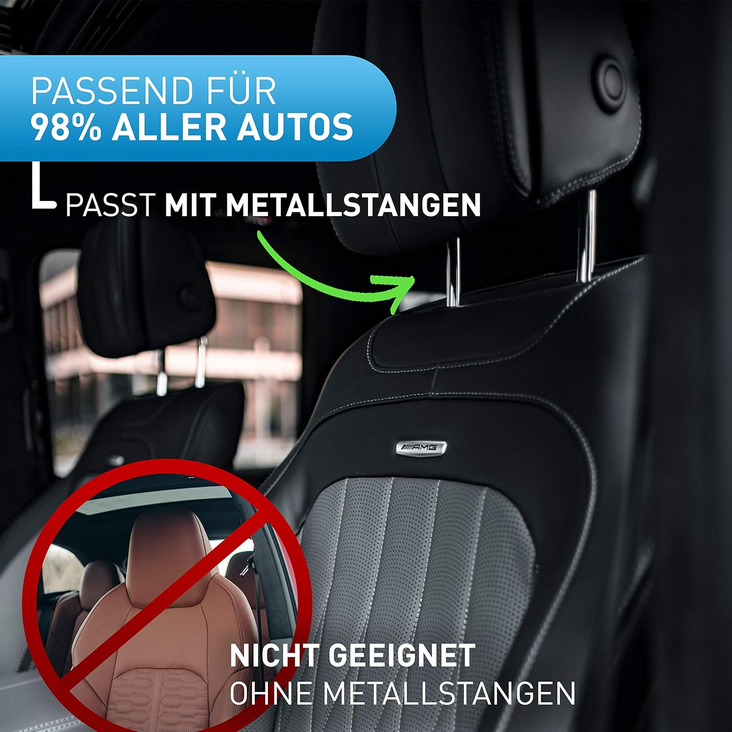Autoinnenraum mit Text: Passt für 98% aller Autos. Nicht geeignet ohne Metallstangen.