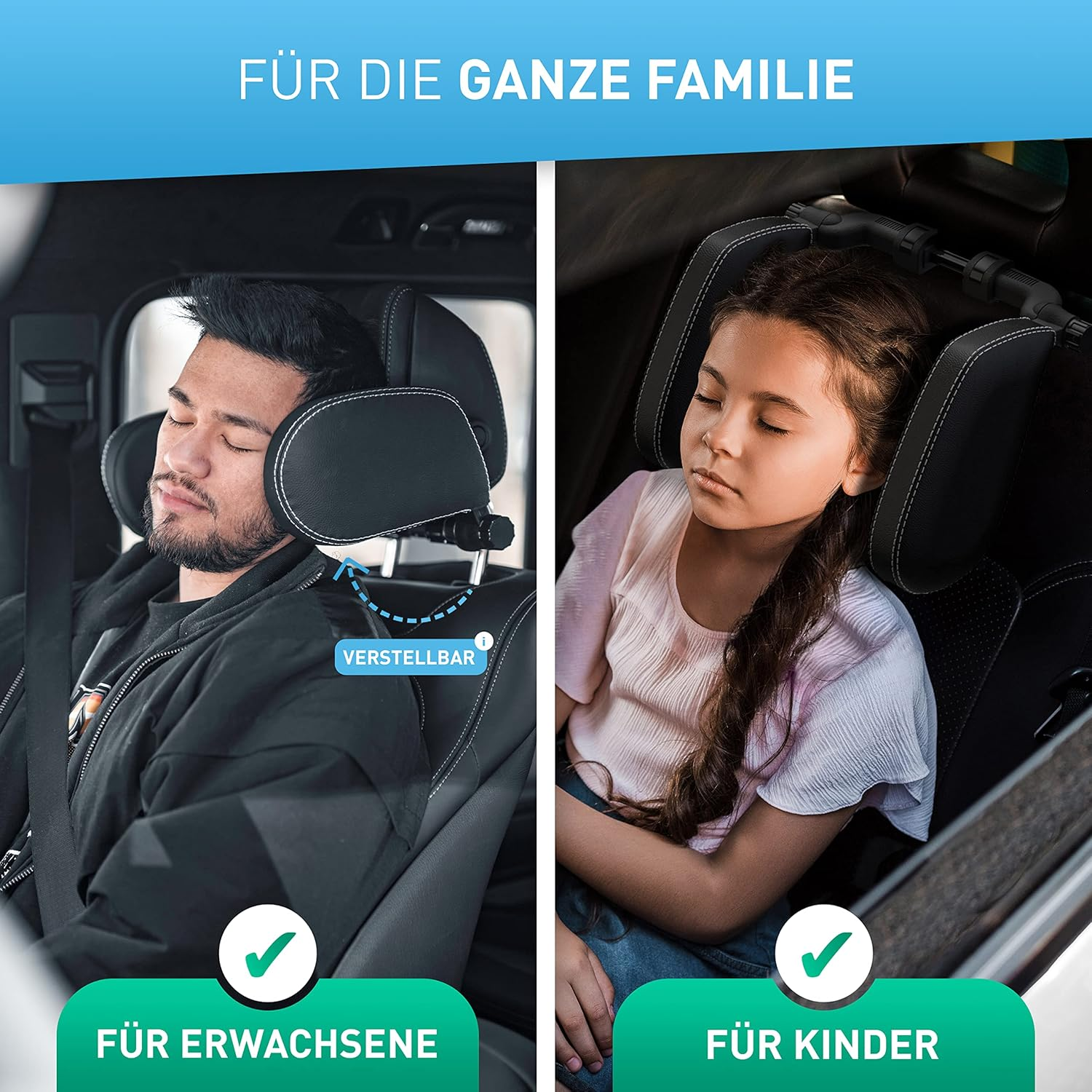 Mann und Kind schlafen im Auto mit Kopfstützen. Für Erwachsene und Kinder.