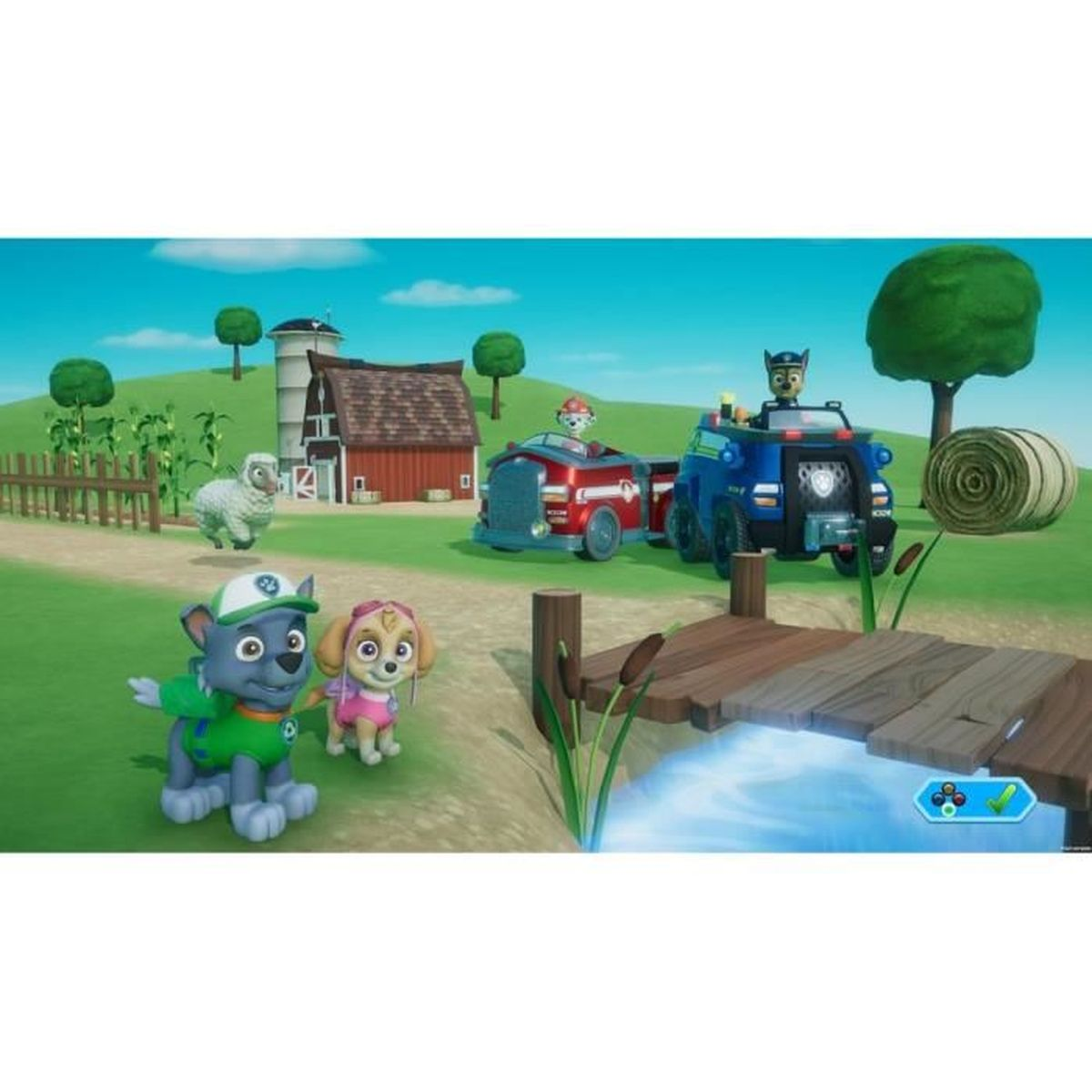 Vier Paw Patrol Welpen stehen vor einer Scheune, einem Feuerwehrauto und einem Polizeiauto.