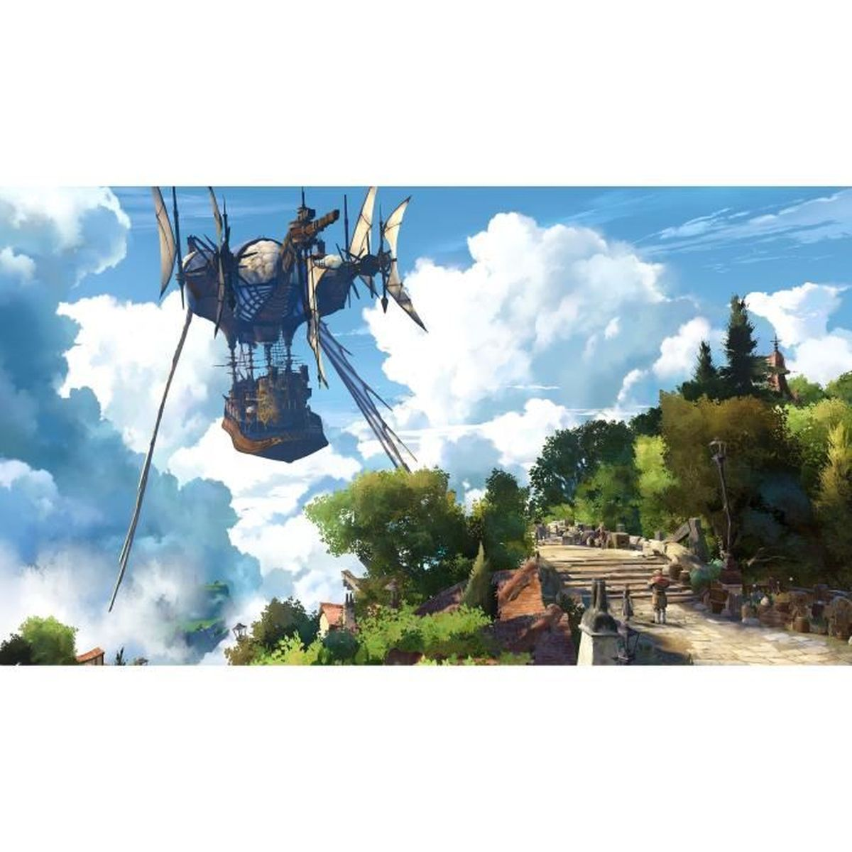 Un dirigibile steampunk vola su un paesaggio verde con una strada e alberi.