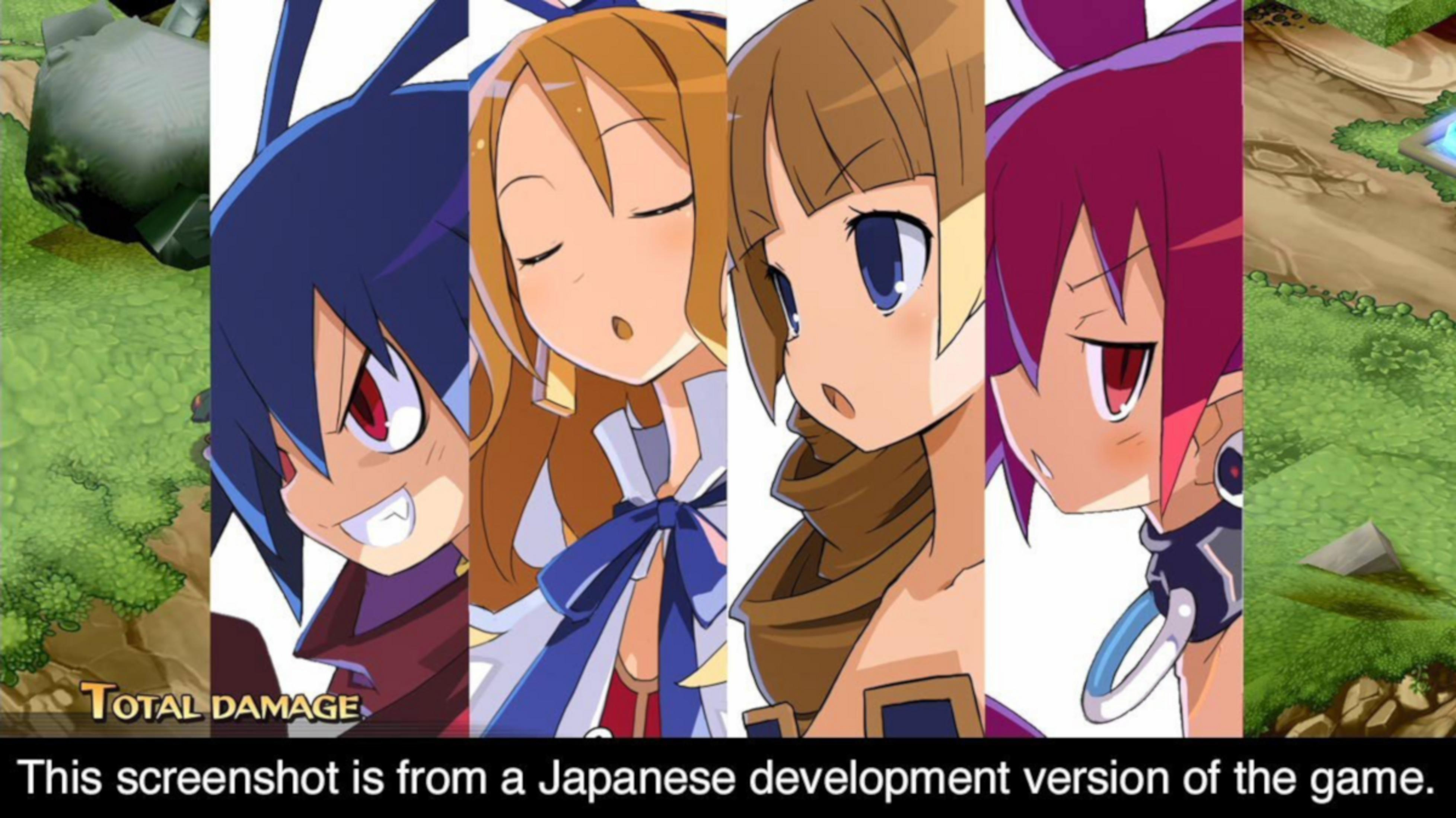 Quattro personaggi anime uno accanto all'altro con grafica di gioco.