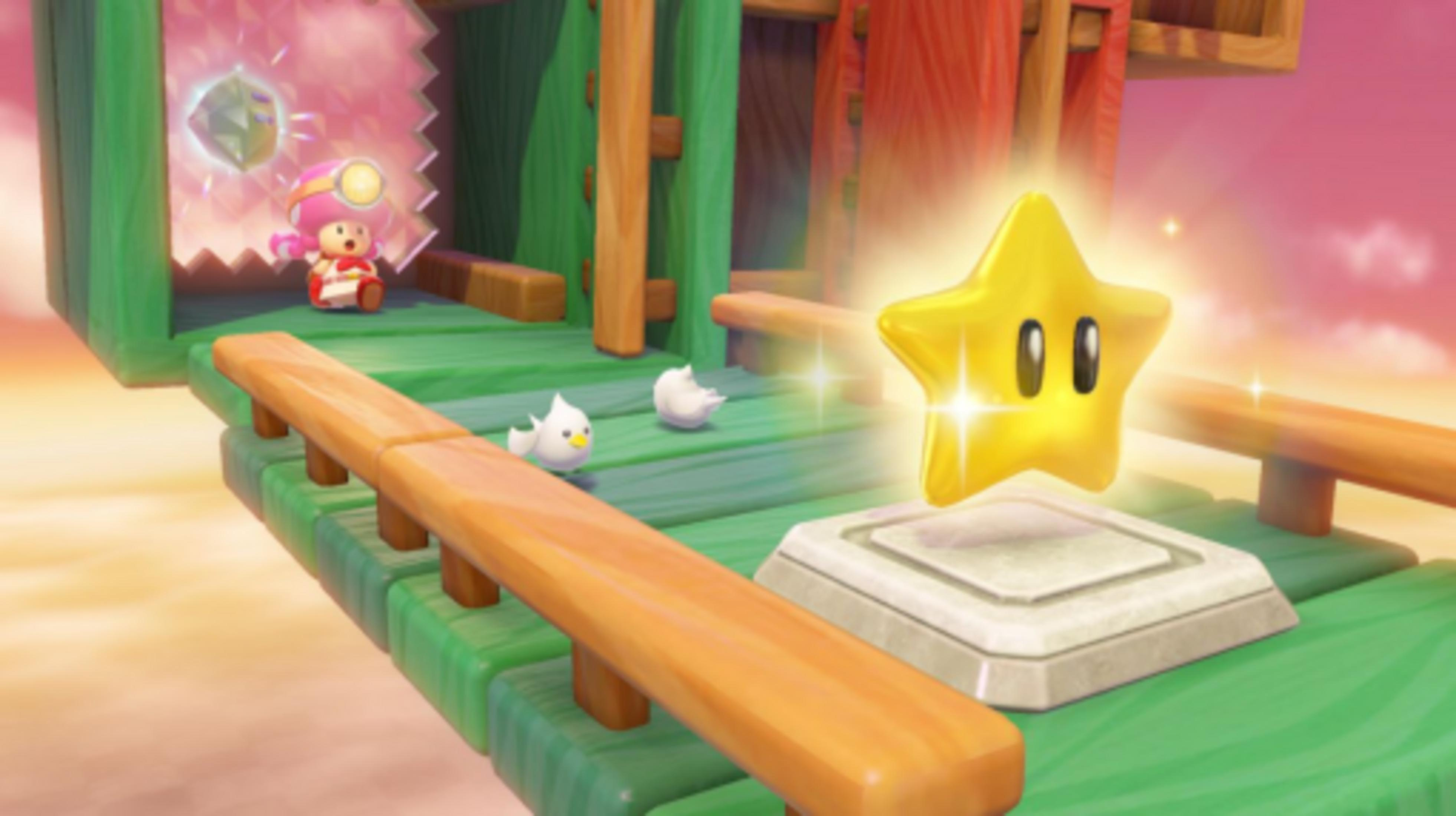 Una stella lucente su un piedistallo, con un Toad e due uccelli sullo sfondo.