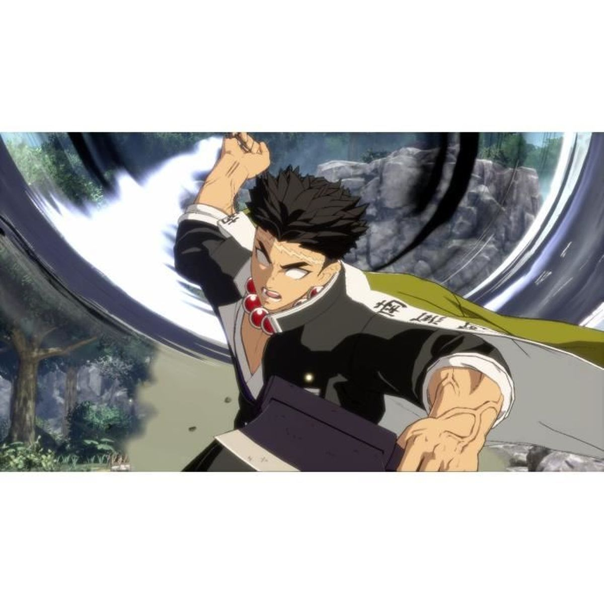 Ein Anime-Charakter mit schwarzen Haaren und einem grünen Umhang schwingt ein Schwert.