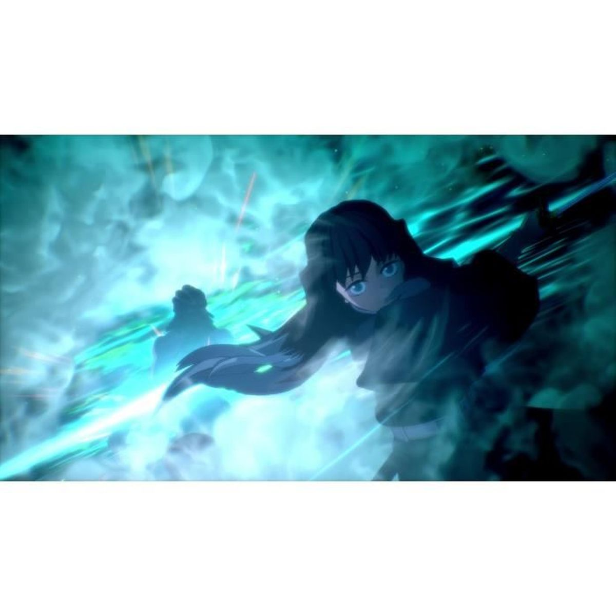 Anime-Figur mit dunklem Haar und blauen Augen, die sich in einem blauen Energiewirbel bewegt.